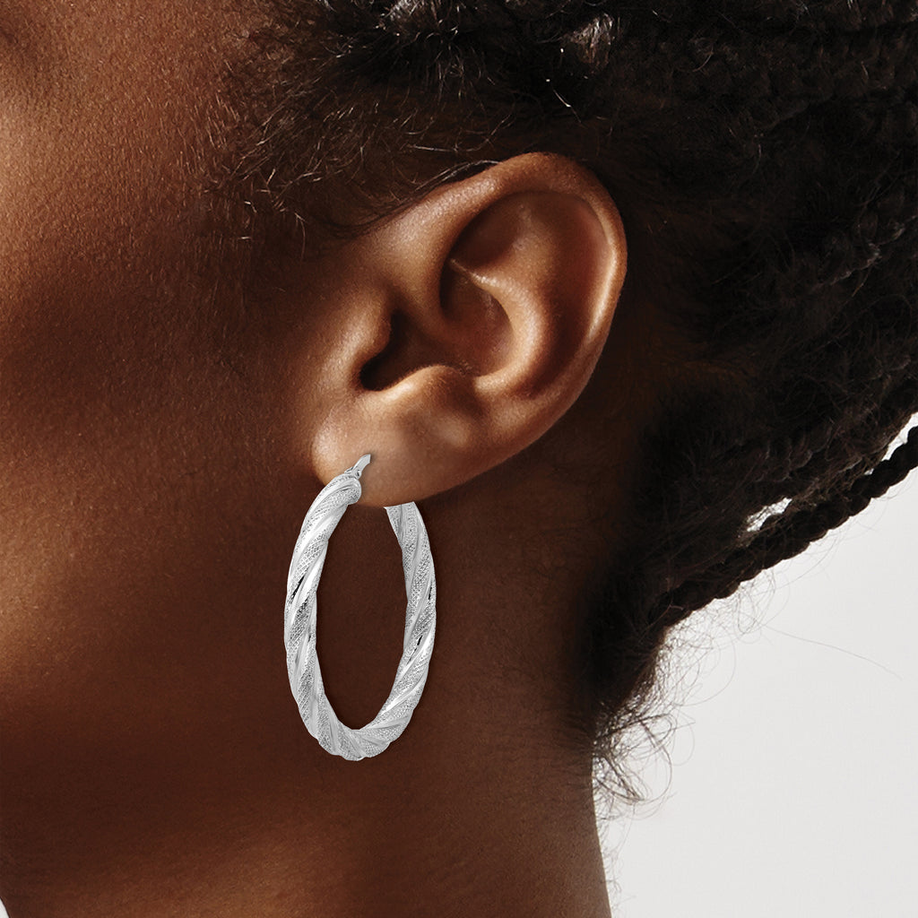 Sterling Silver Rh-plated Polished and Textured Round Hoops