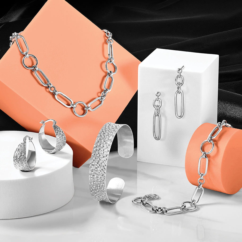 Sterling Silver Rhodium-plated Textured Hoop Earrings