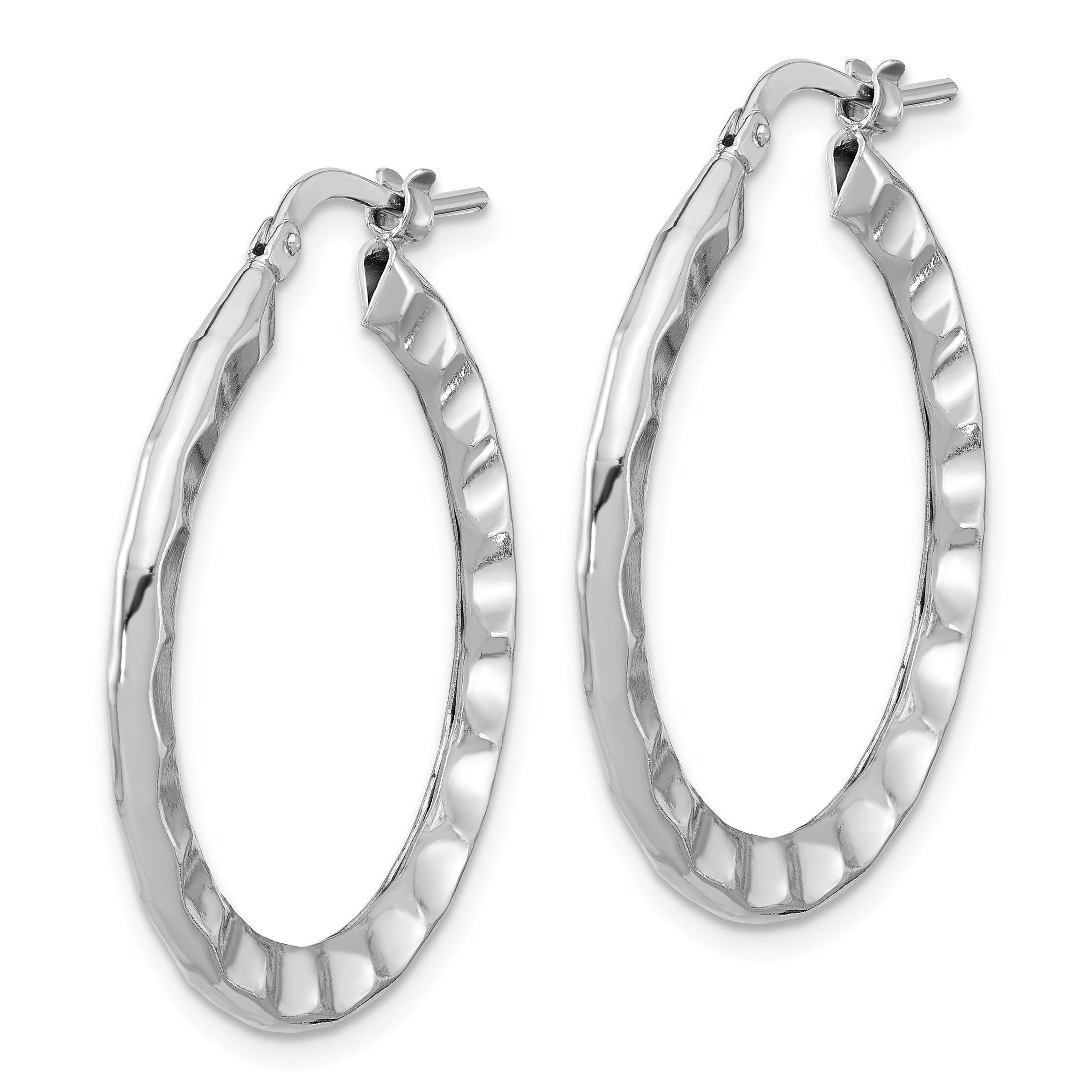 Sterling Silver Rh-plated Polished/Hammered Hoop Earrings