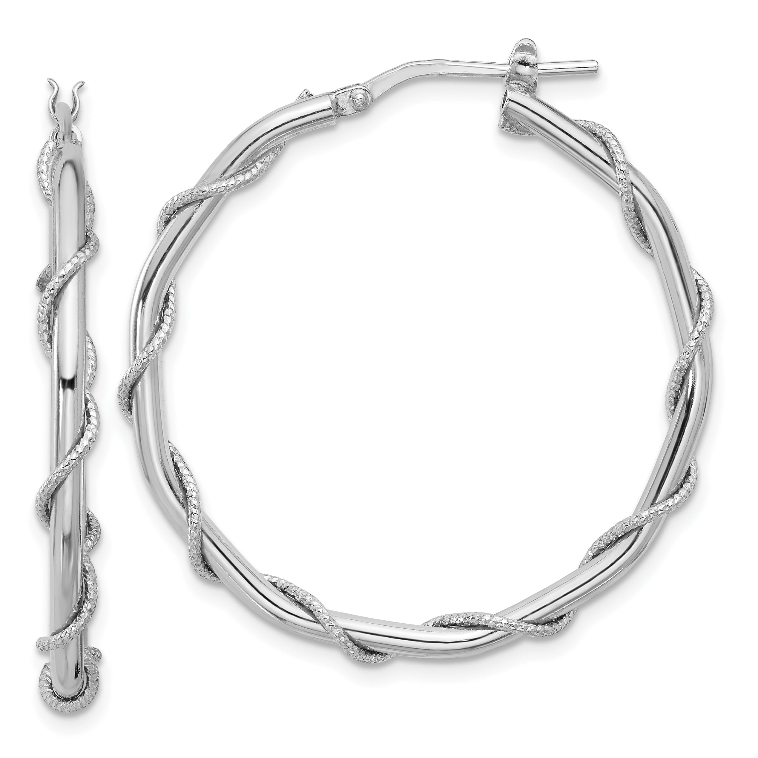 Sterling Silver Rh-plated Polished/Textured/Twisted Hoop Earrings