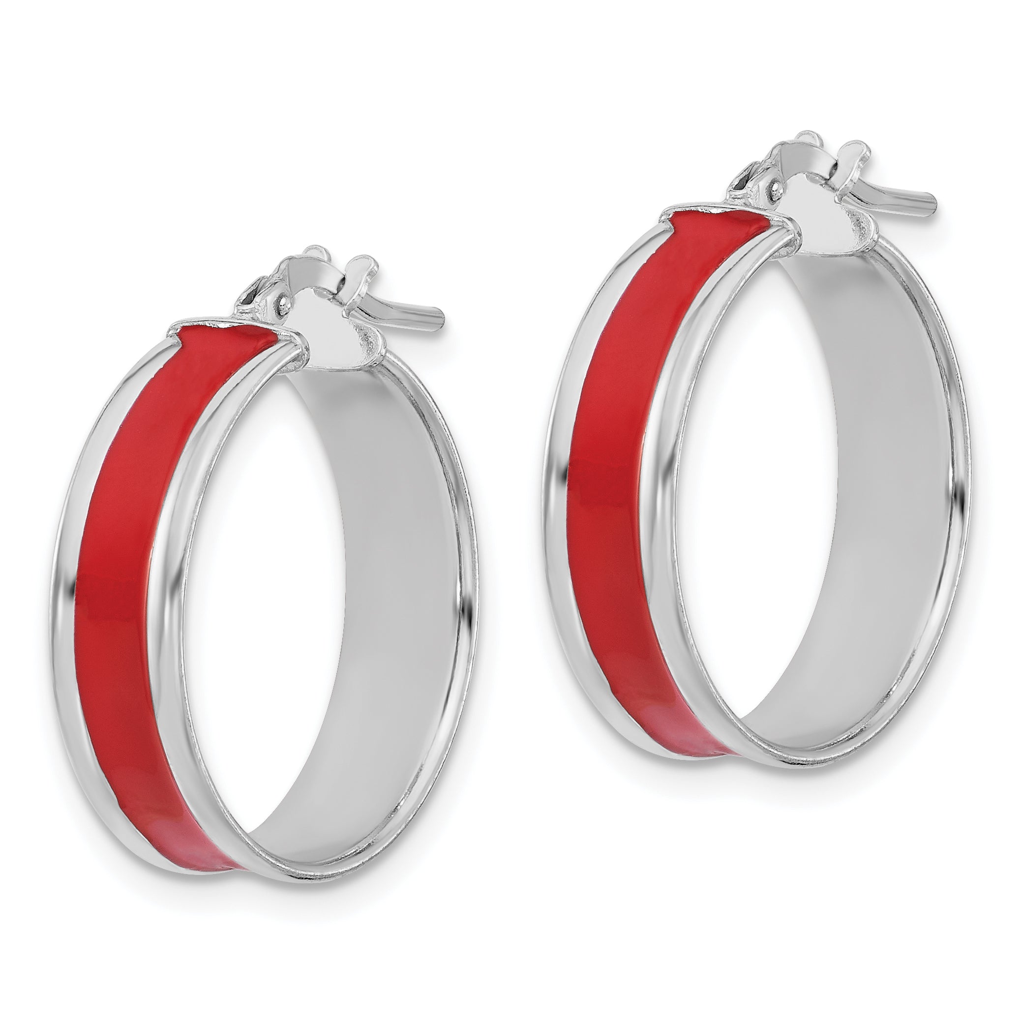 Sterling Silver RH-plt Polished Red Enamel Round Hoop Earrings Secondary image