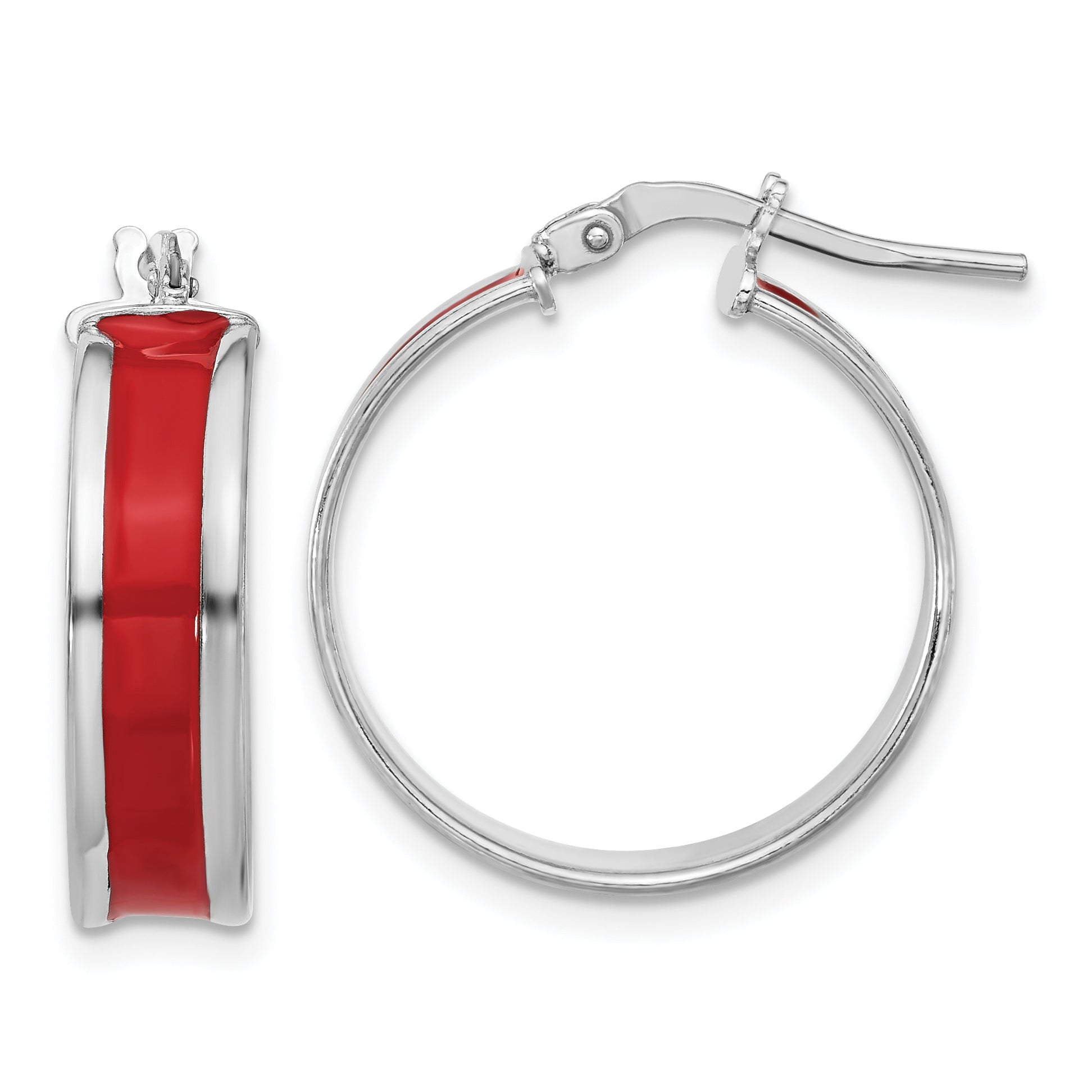 Sterling Silver RH-plt Polished Red Enamel Round Hoop Earrings Main image