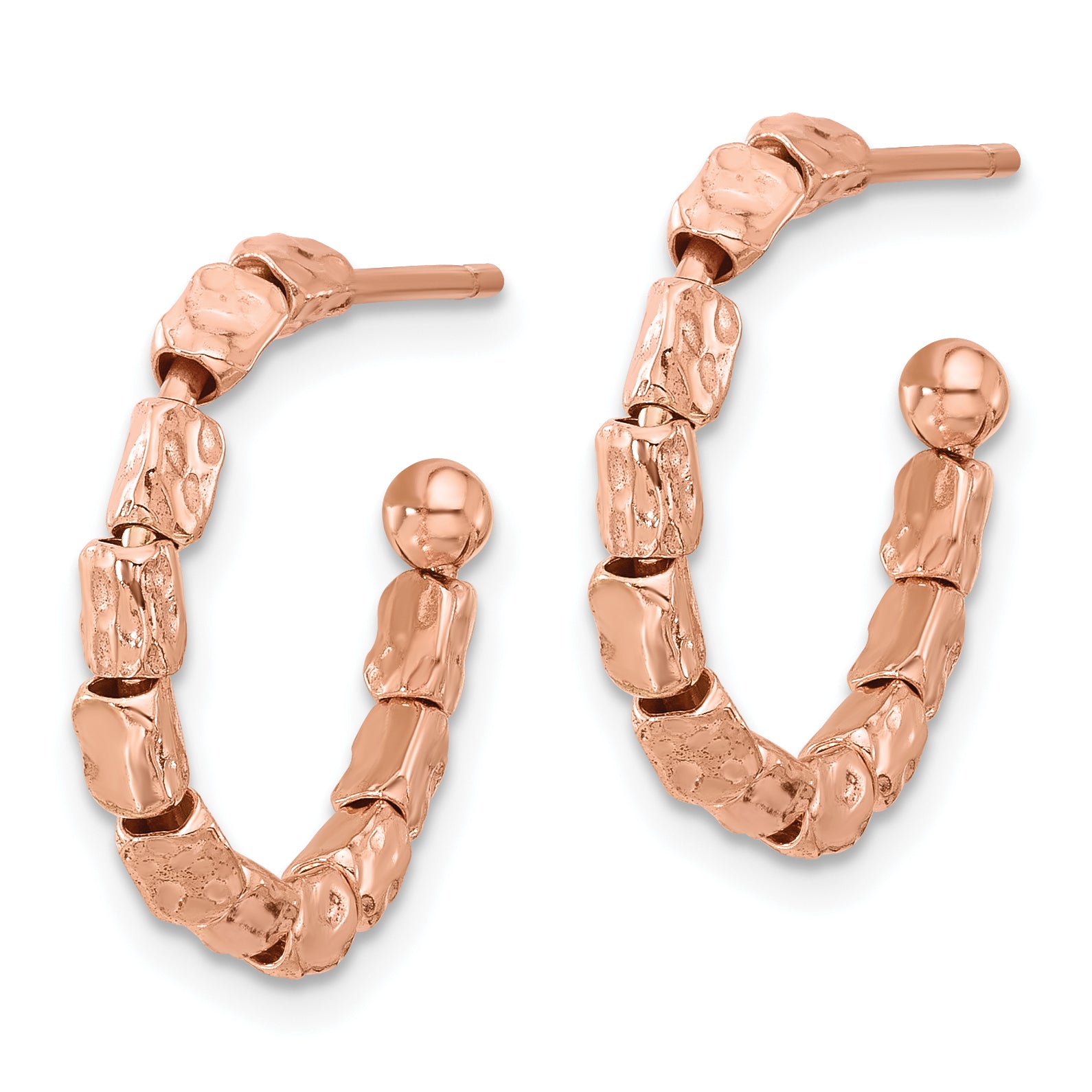 Sterling Silver Rose Gold-plat Polished/Hammered J-Hoop Earrings Secondary image
