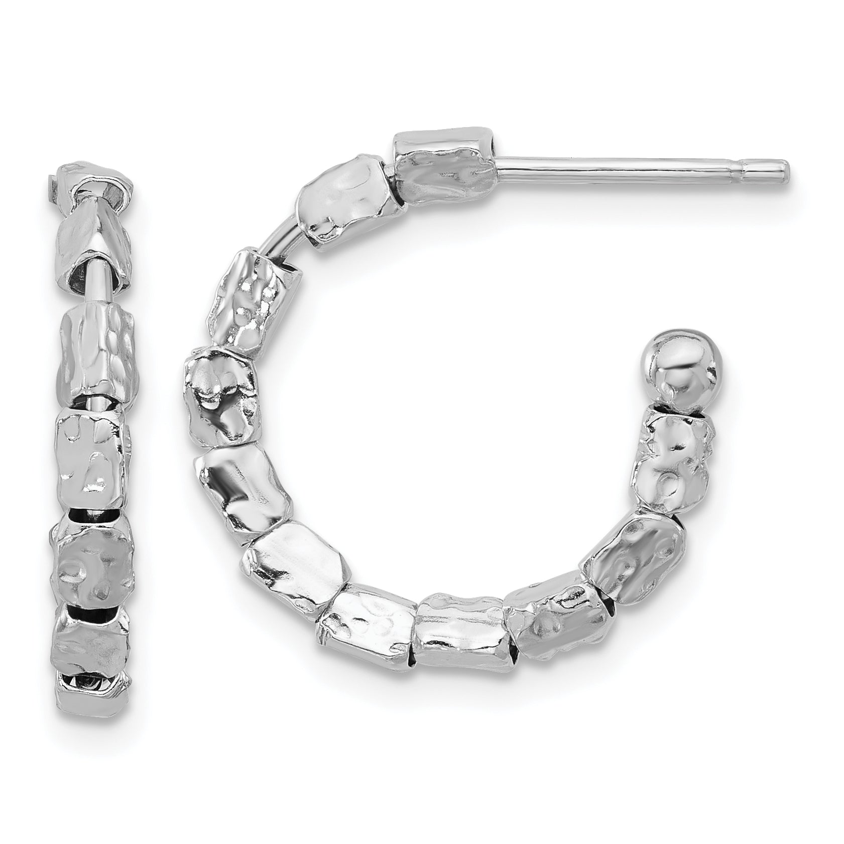 Sterling Silver Rh-plated Polished/Hammered J-Hoop Post Earrings Main image