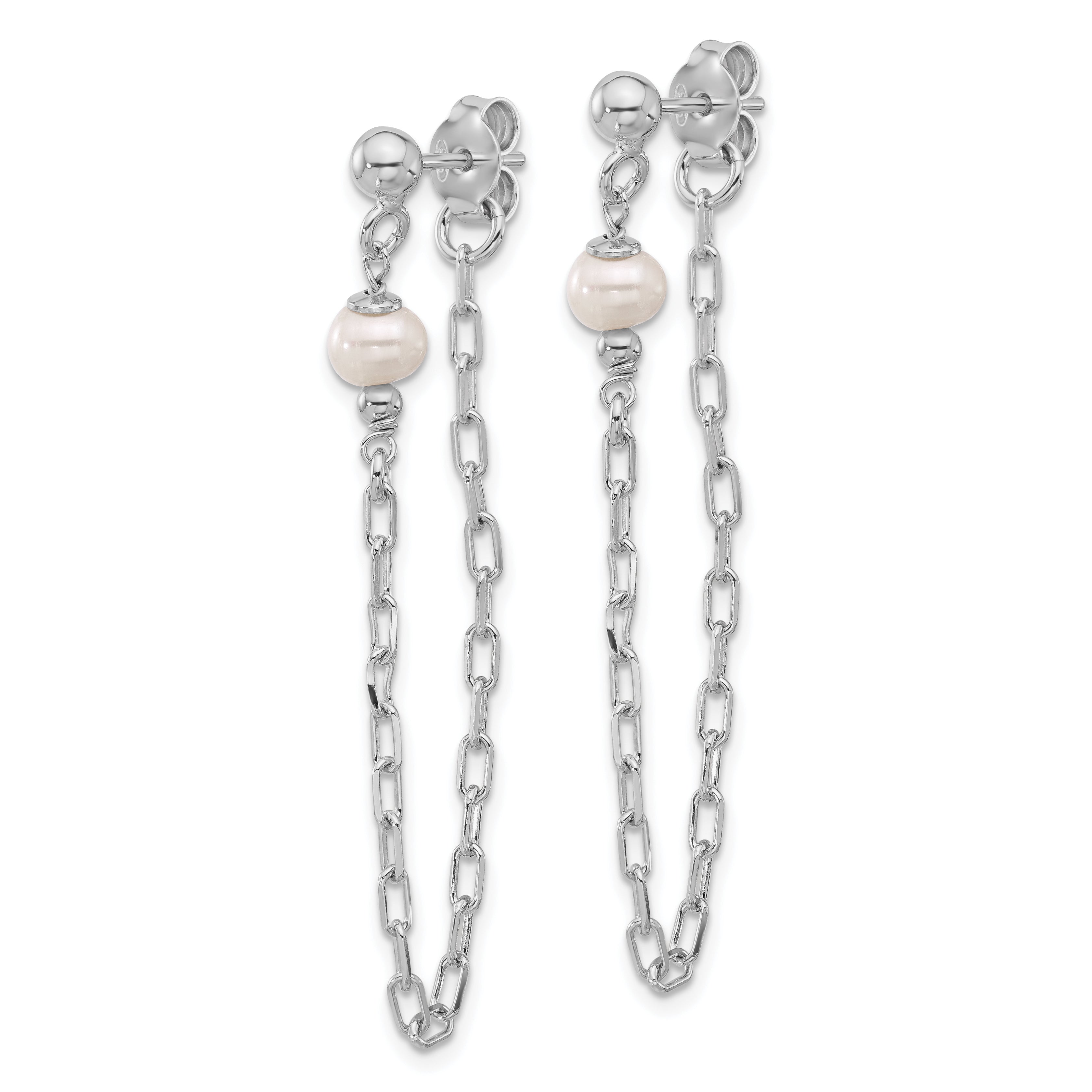 Sterling Silver RH-plat FWC Pearl Front/Back Chain Dangle Earrings Secondary image