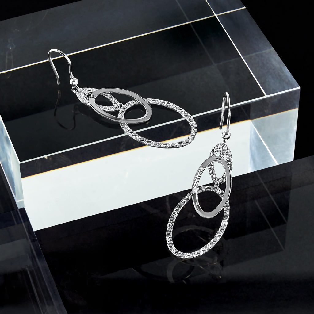 Sterling Silver Rh-plated Polished/Textured Ovals Dangle Earrings