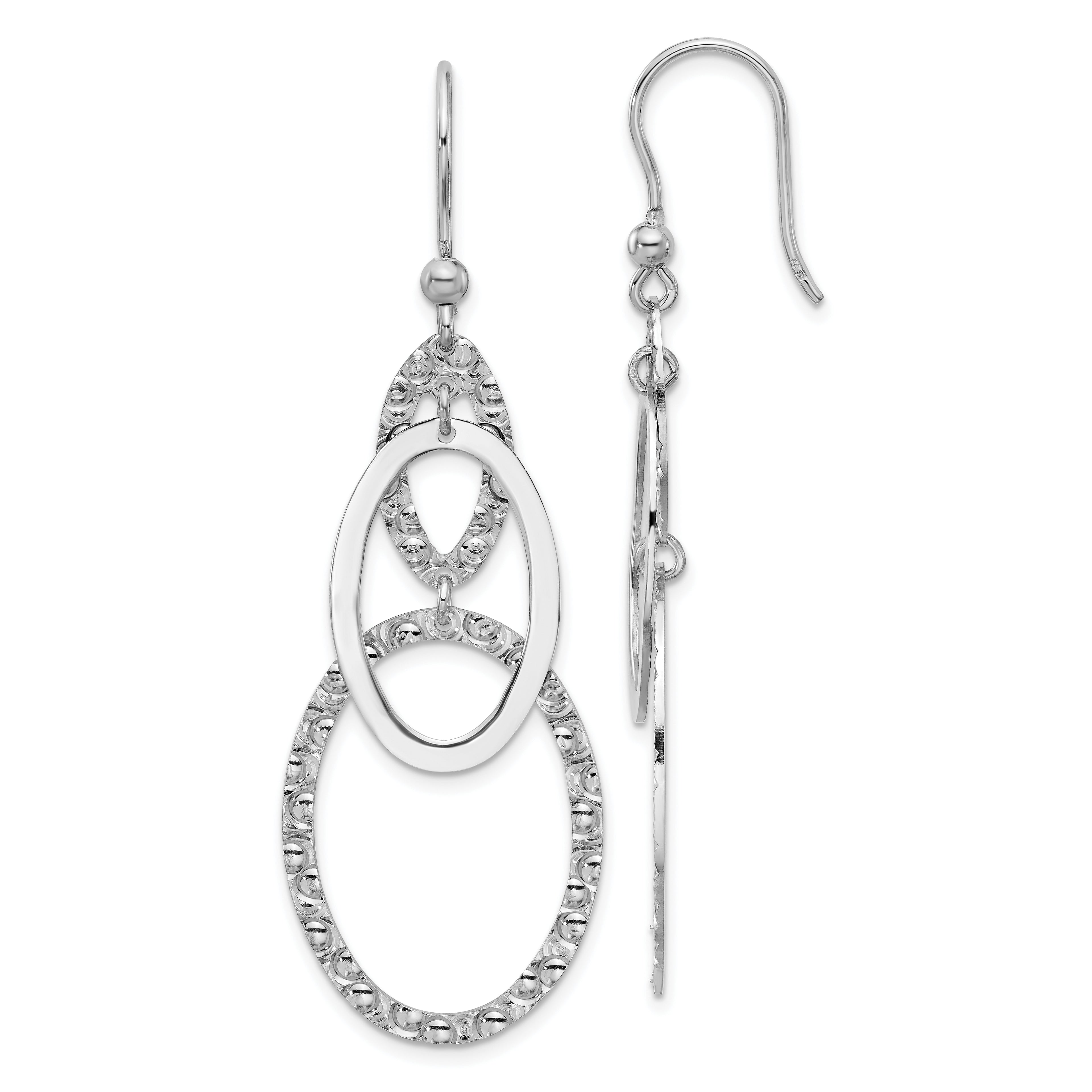 Sterling Silver Rh-plated Polished/Textured Ovals Dangle Earrings