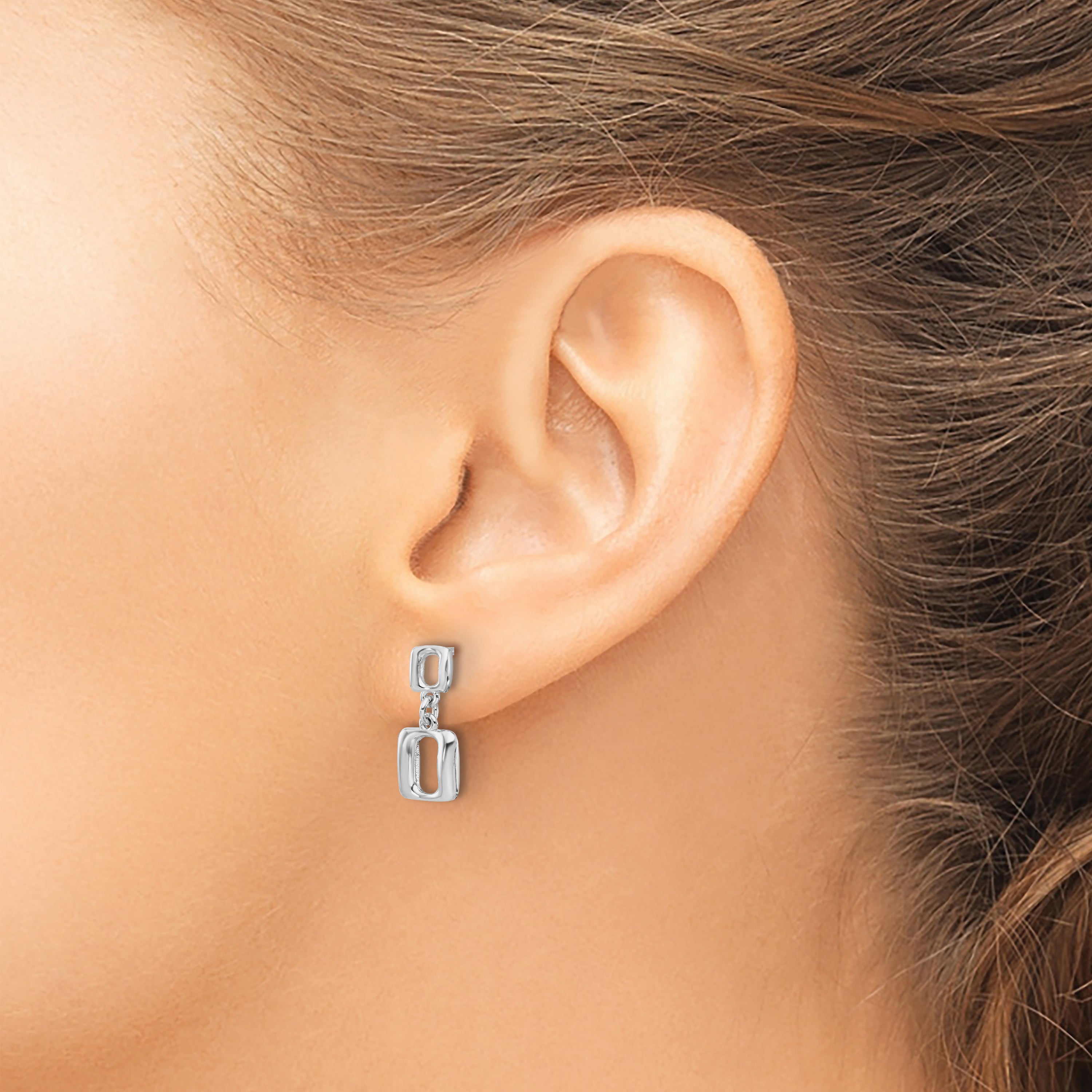 Sterling Silver Rhodium-plated Square Link Dangle Post Earrings