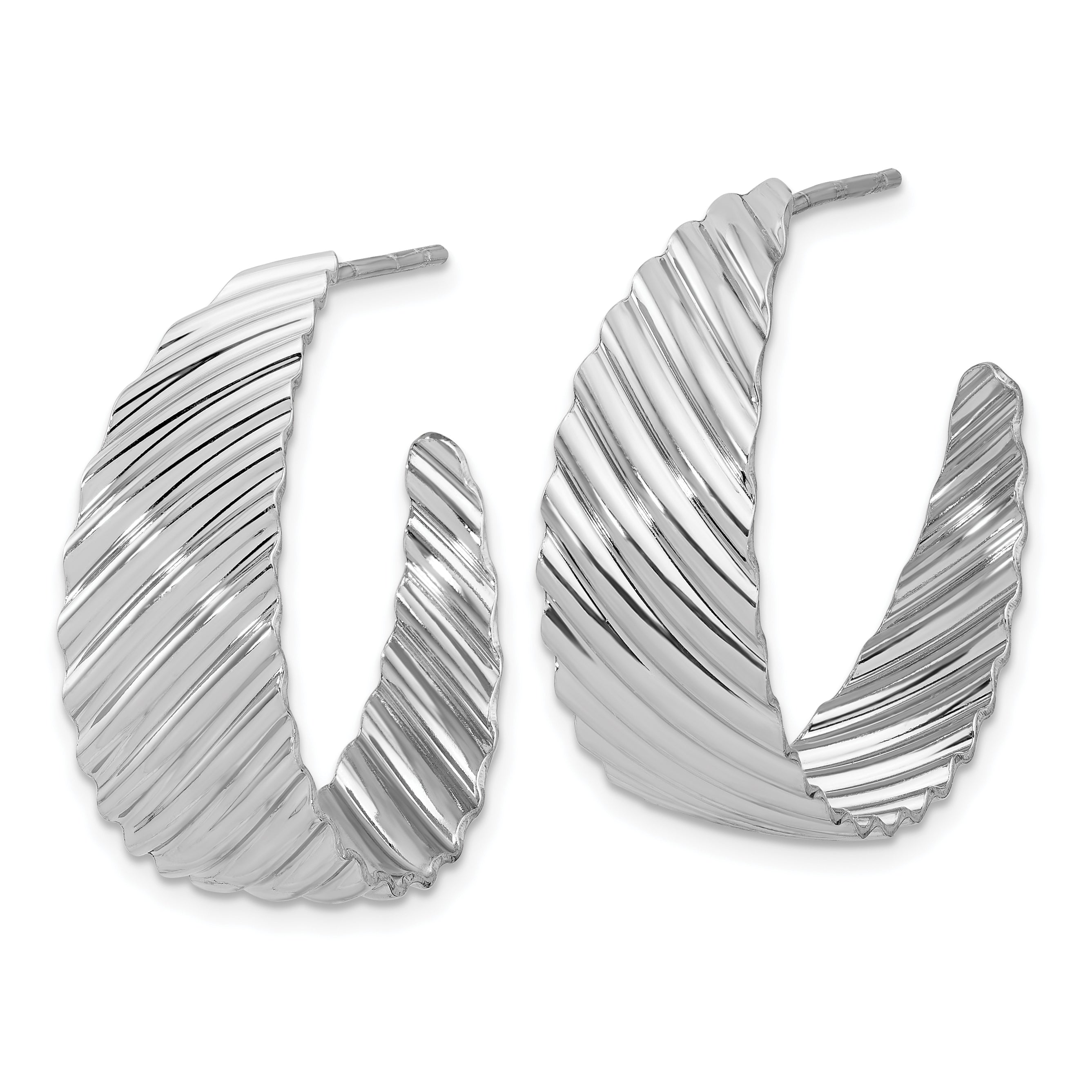 Sterling Silver Rh-plat Polished Grooved Left/Right J-Hoop Earring Secondary image