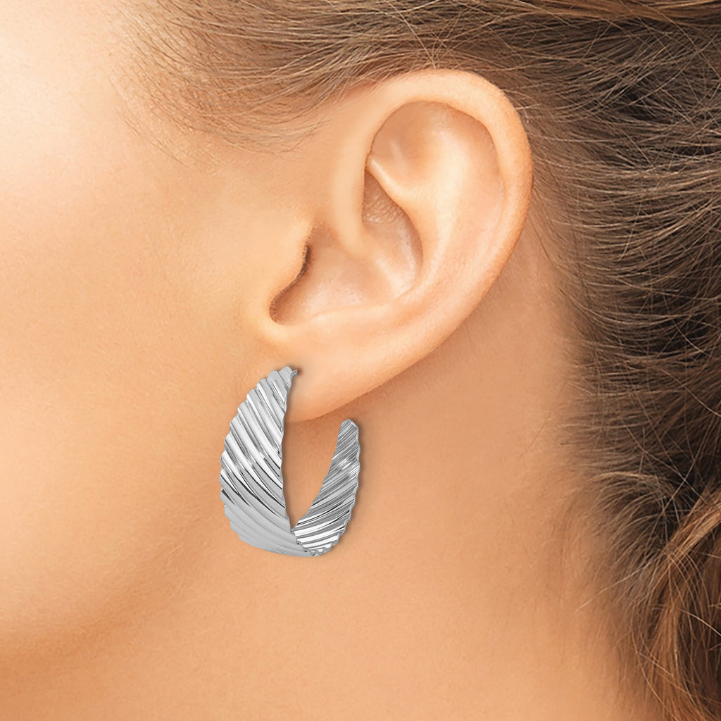 Sterling Silver Rh-plat Polished Grooved Left/Right J-Hoop Earring