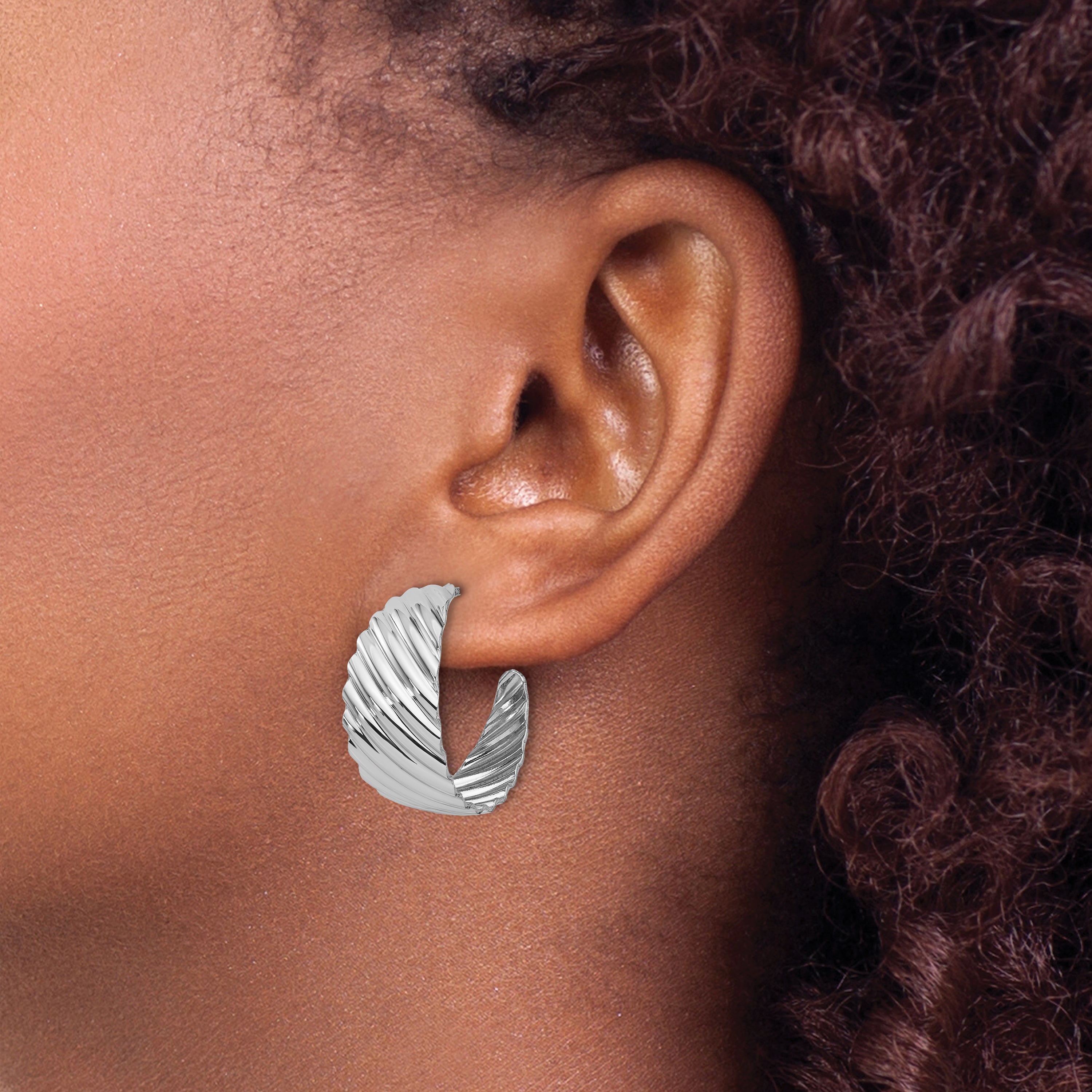 Sterling Silver Rh-plat Polished Grooved Left/Right J-Hoop Earring