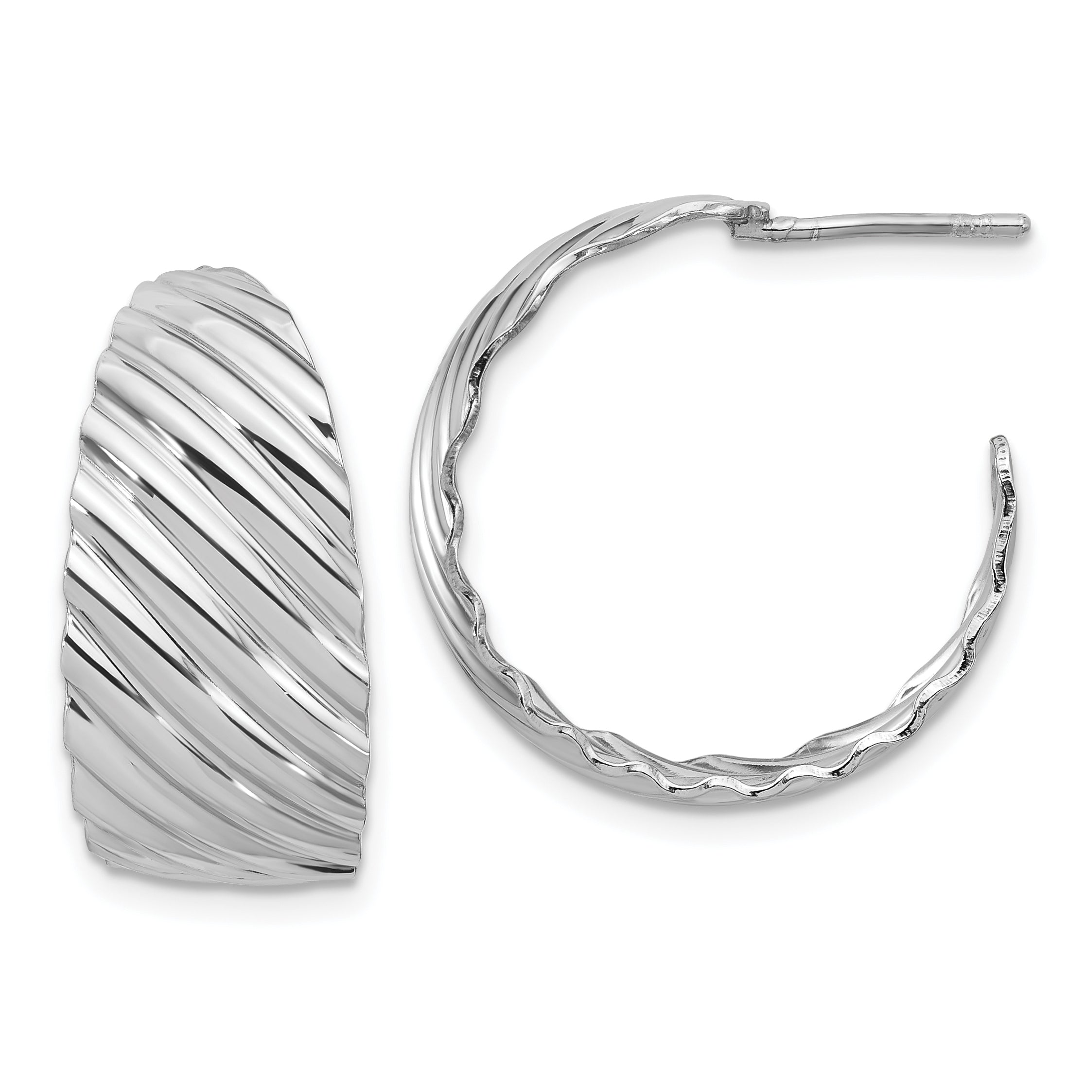 Sterling Silver Rh-plat Polished Grooved Left/Right J-Hoop Earring Main image