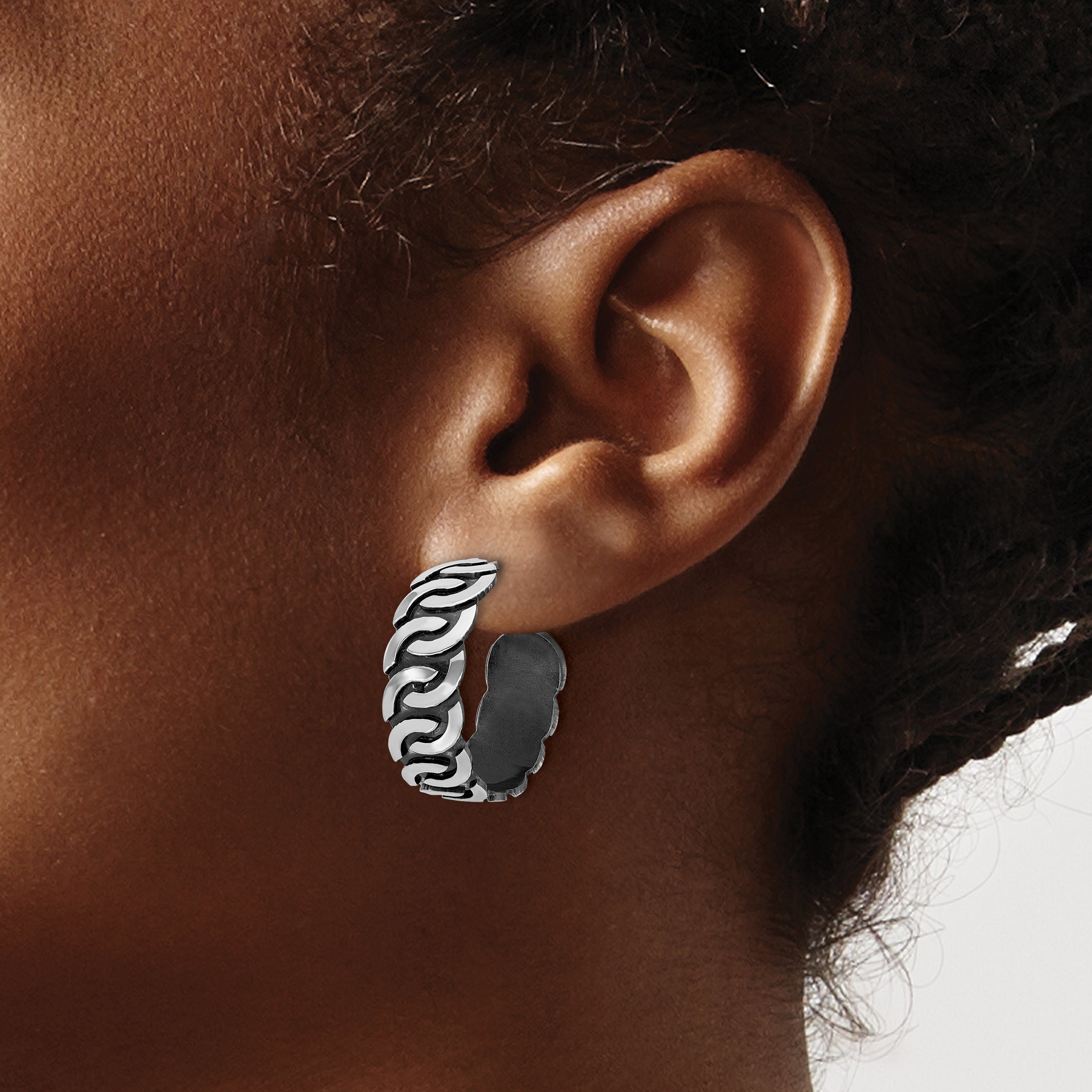 Sterling Silver Antiqued Burnished Polished J-Hoop Earrings