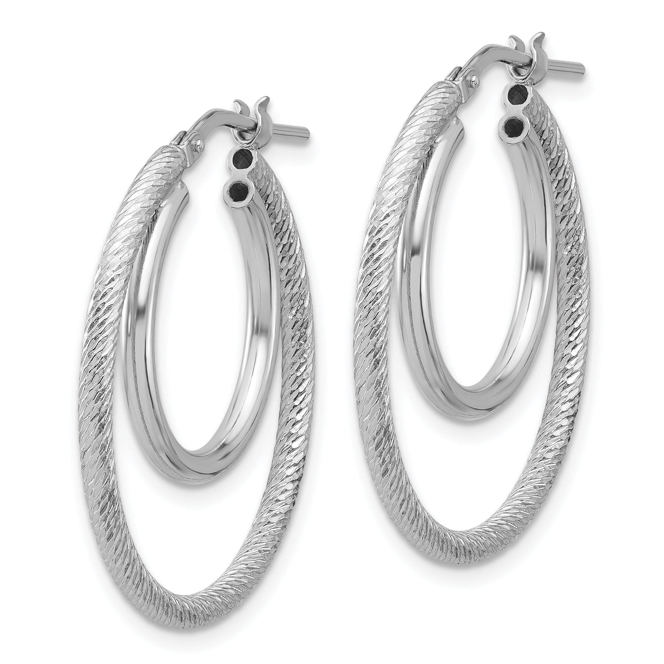 Sterling Silver Rh-plat Polished and Textured Double Hoop Earrings Secondary image