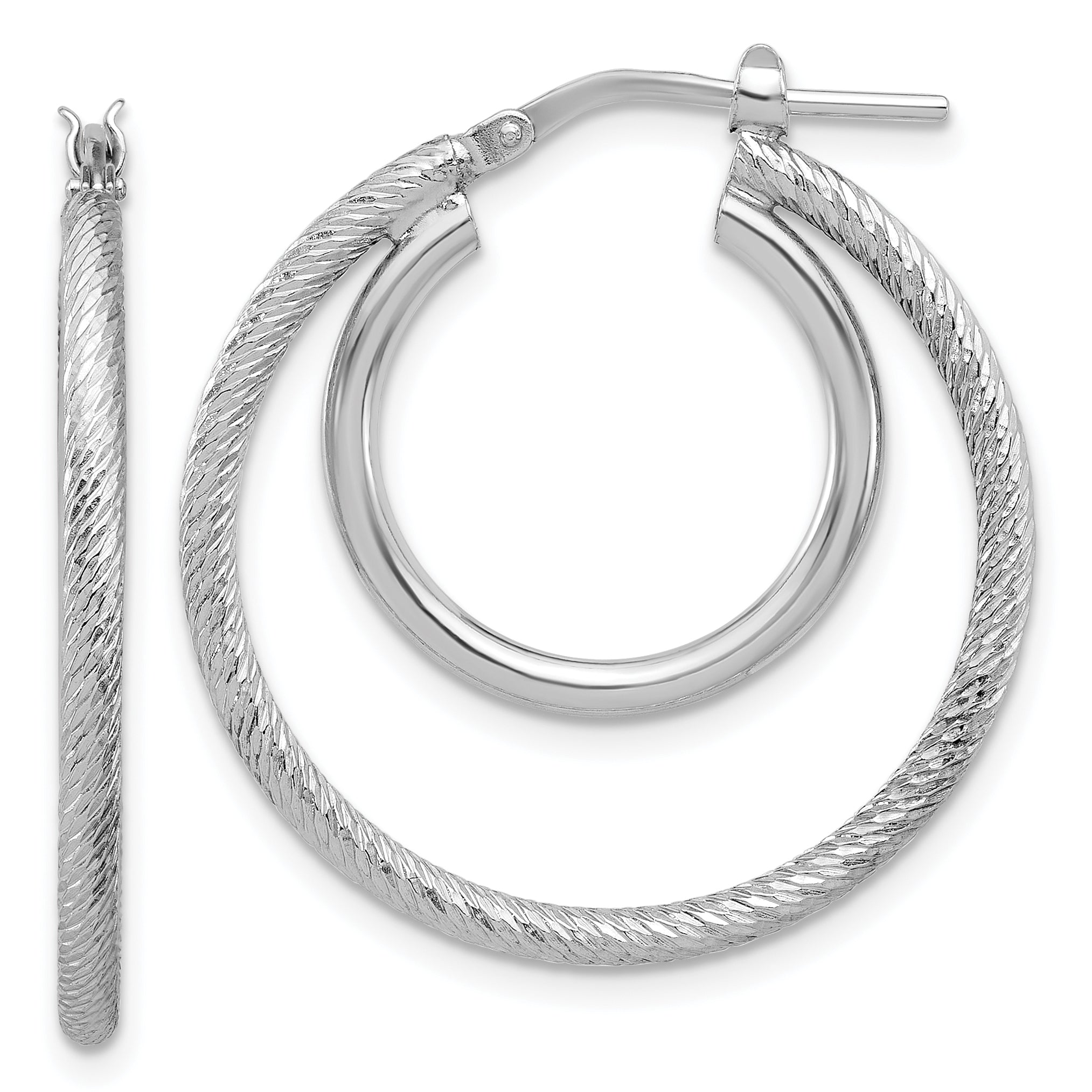 Sterling Silver Rh-plat Polished and Textured Double Hoop Earrings Main image