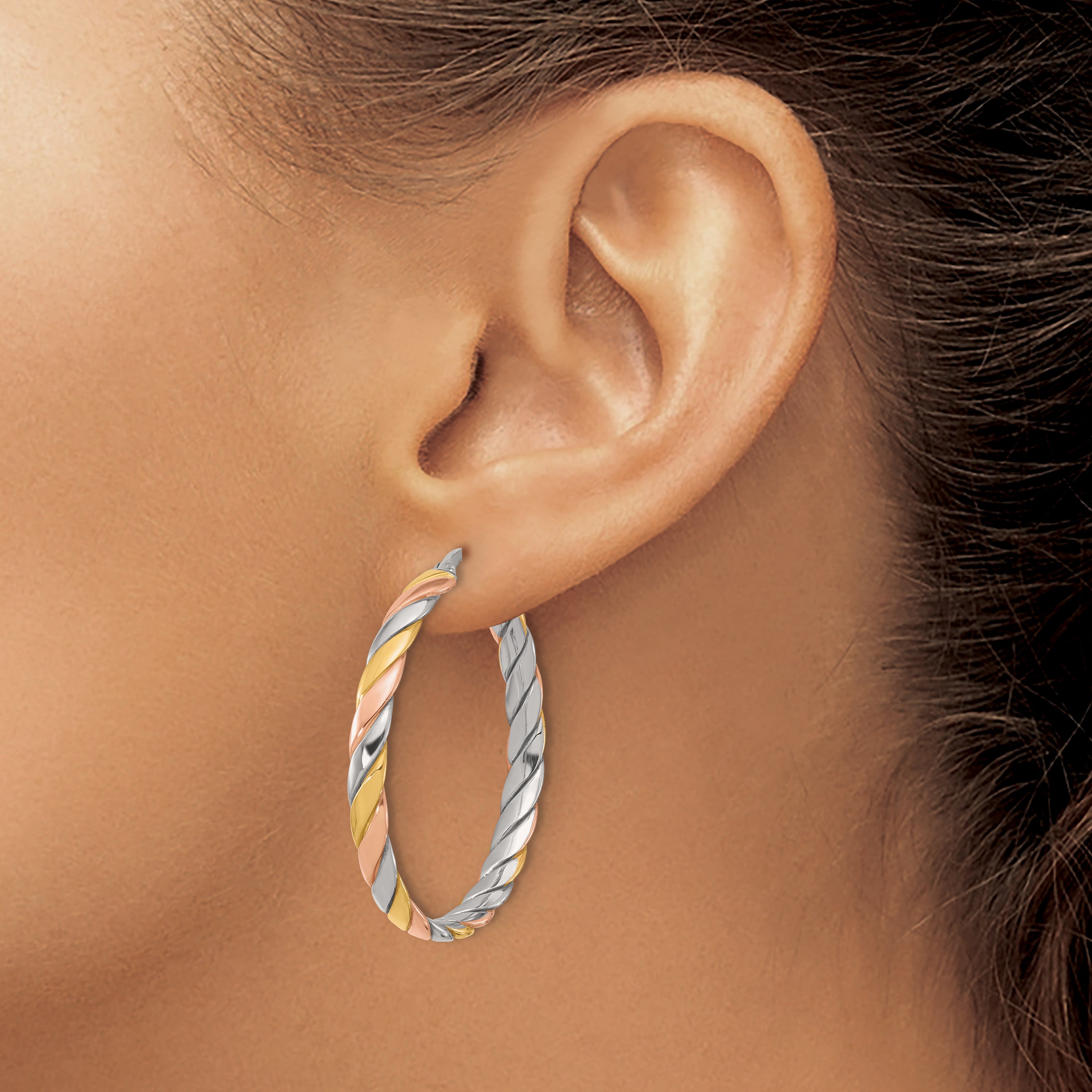 SS RH-plated with Gold and Rose-tone Polished Hoop Earrings