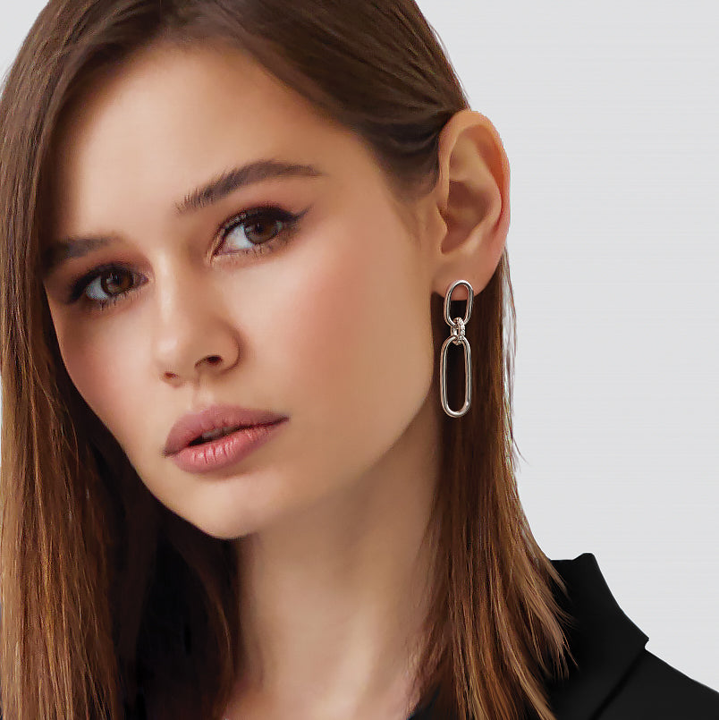 Sterling Silver Rh-plated Polished CZ Dangle Post Earrings