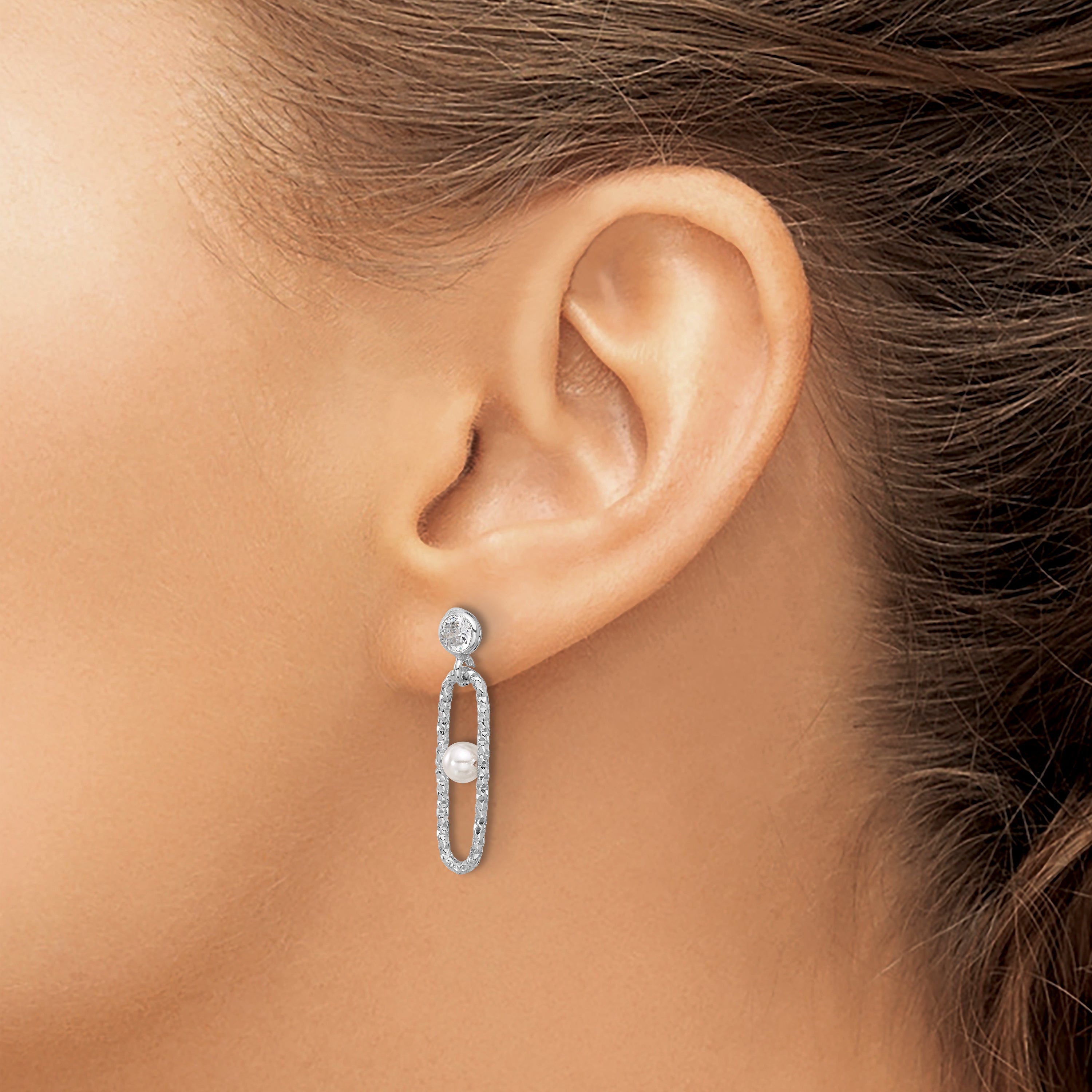 Sterling Silver Rhodium-plated CZ and Crystal Pearl Dangle Earring