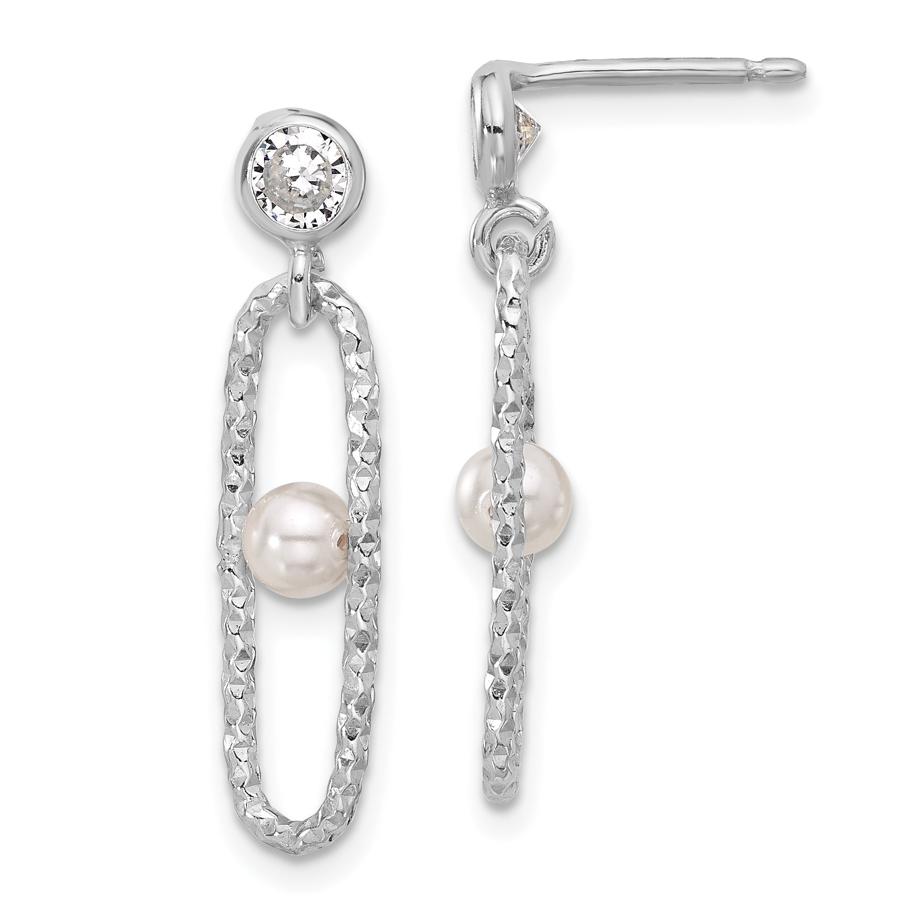 Sterling Silver Rhodium-plated CZ and Crystal Pearl Dangle Earring Main image