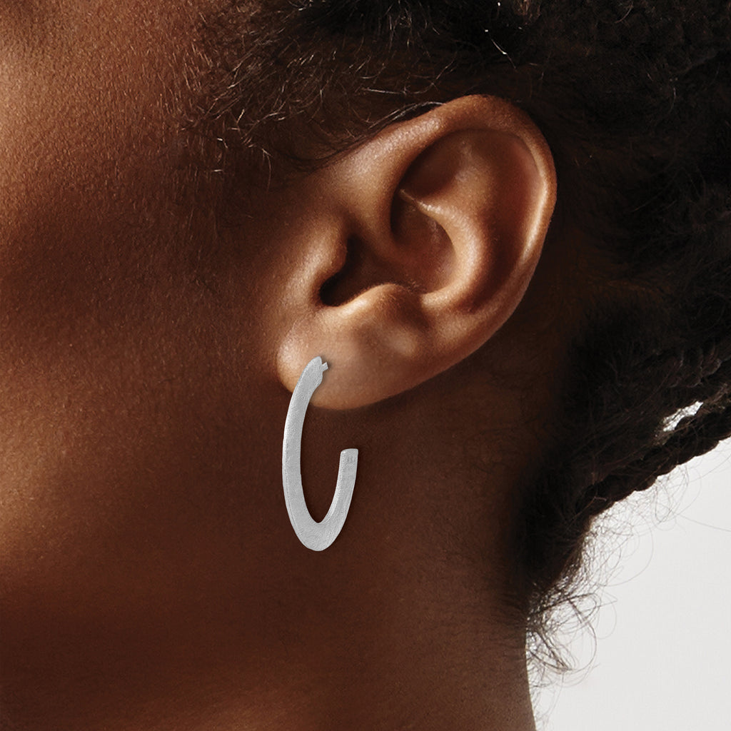 Sterling Silver RH-plated Scratch Finish J-Hoop Post Earrings