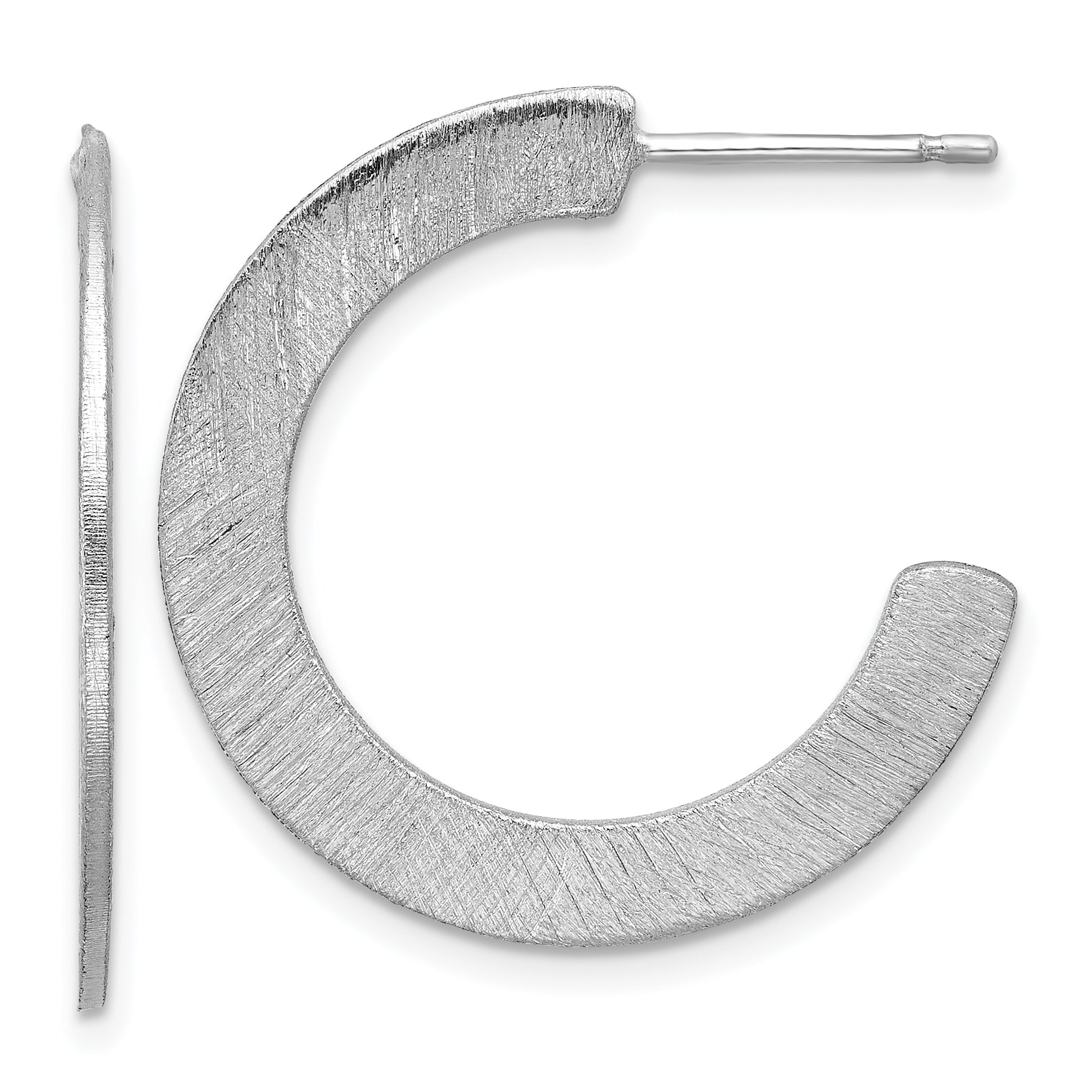 Sterling Silver RH-plated Scratch Finish J-Hoop Post Earrings