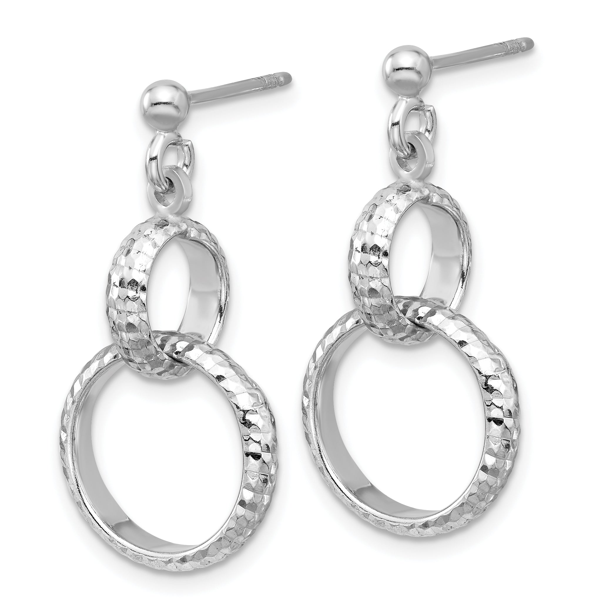 SS RH-plat Polished / Dia-cut Circle Link Dangle Post Earrings Secondary image