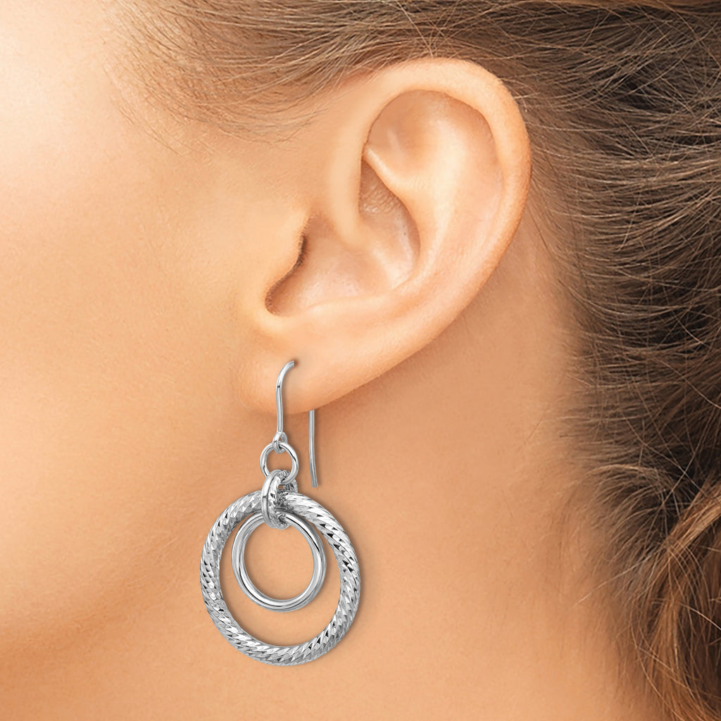 Sterling Silver RH-pl Polish/Dia-cut Circles Dangle Earrings