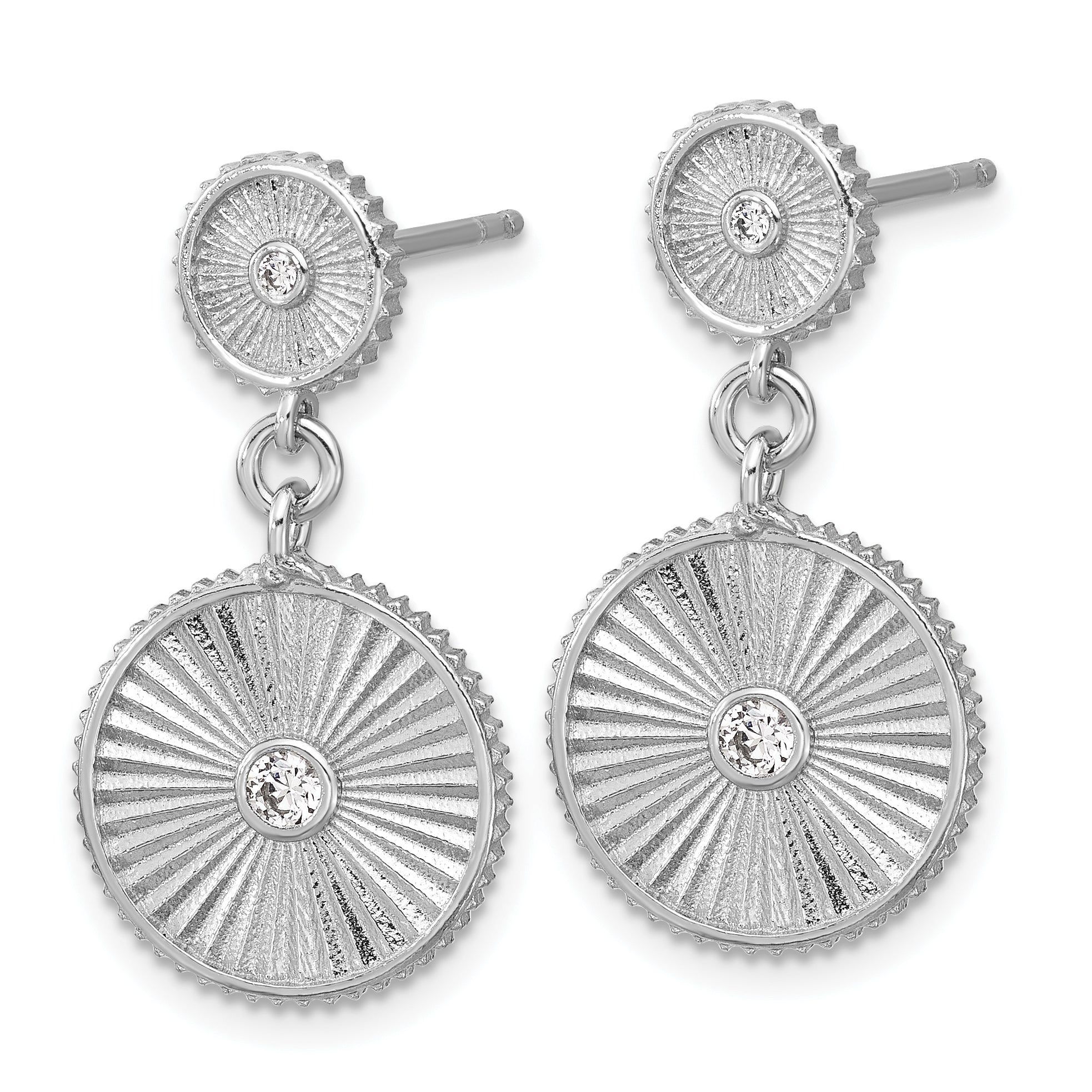 SS RH-plat CZ Polished/Grooved Circle Dangle Post Earrings Secondary image