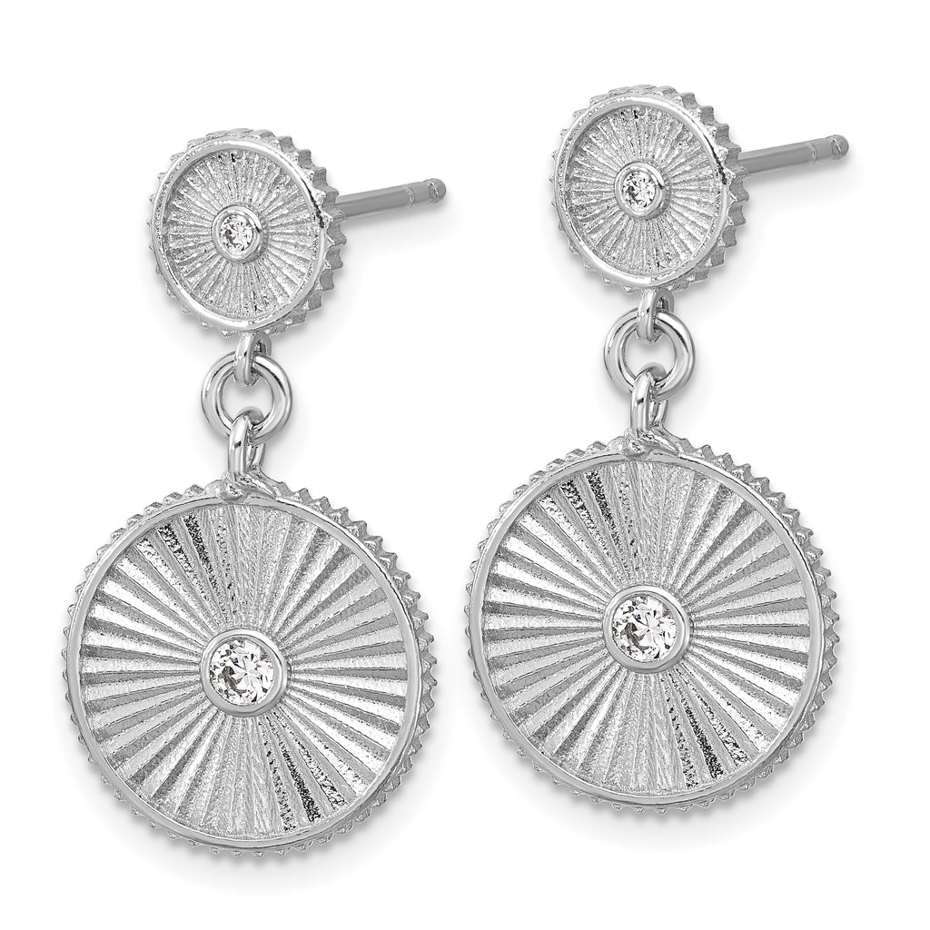 SS RH-plat CZ Polished/Grooved Circle Dangle Post Earrings