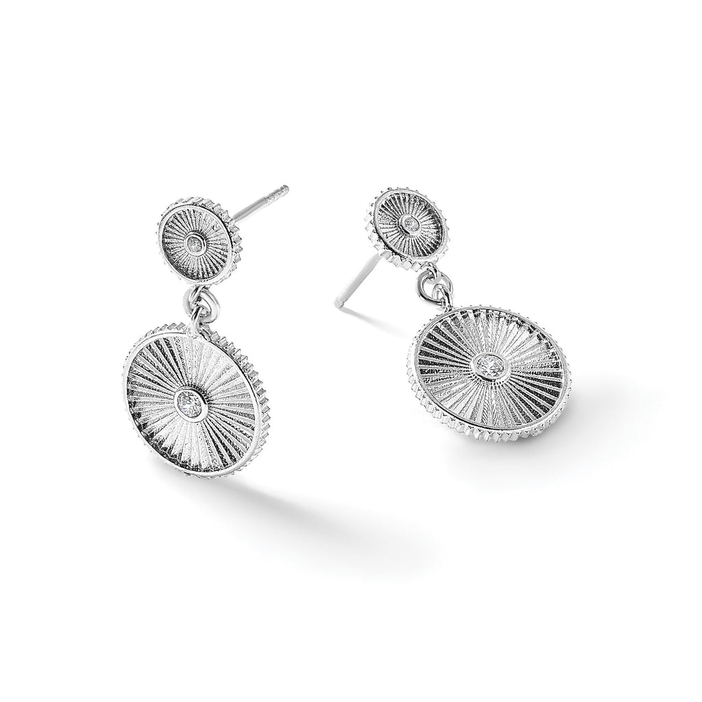 Rh-Plat Cubic Zirconia Grooved Circle Stud Dangle Earrings in Sterling Silver - Sophia Jewelers