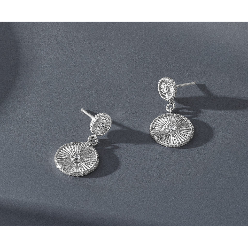 Rh-Plat Cubic Zirconia Grooved Circle Stud Dangle Earrings in Sterling Silver - Sophia Jewelers