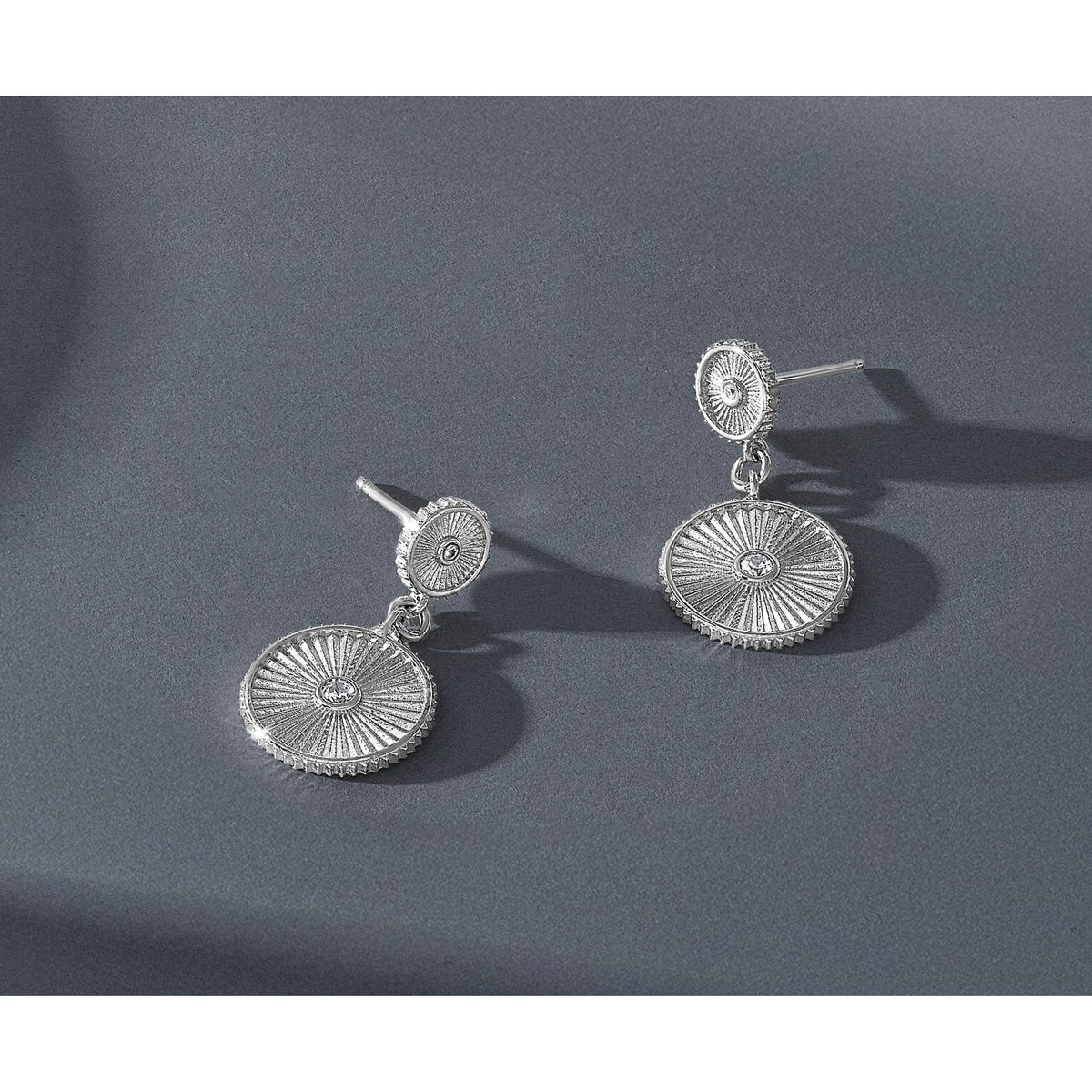 Rh-Plat Cubic Zirconia Grooved Circle Stud Dangle Earrings in Sterling Silver - Sophia Jewelers