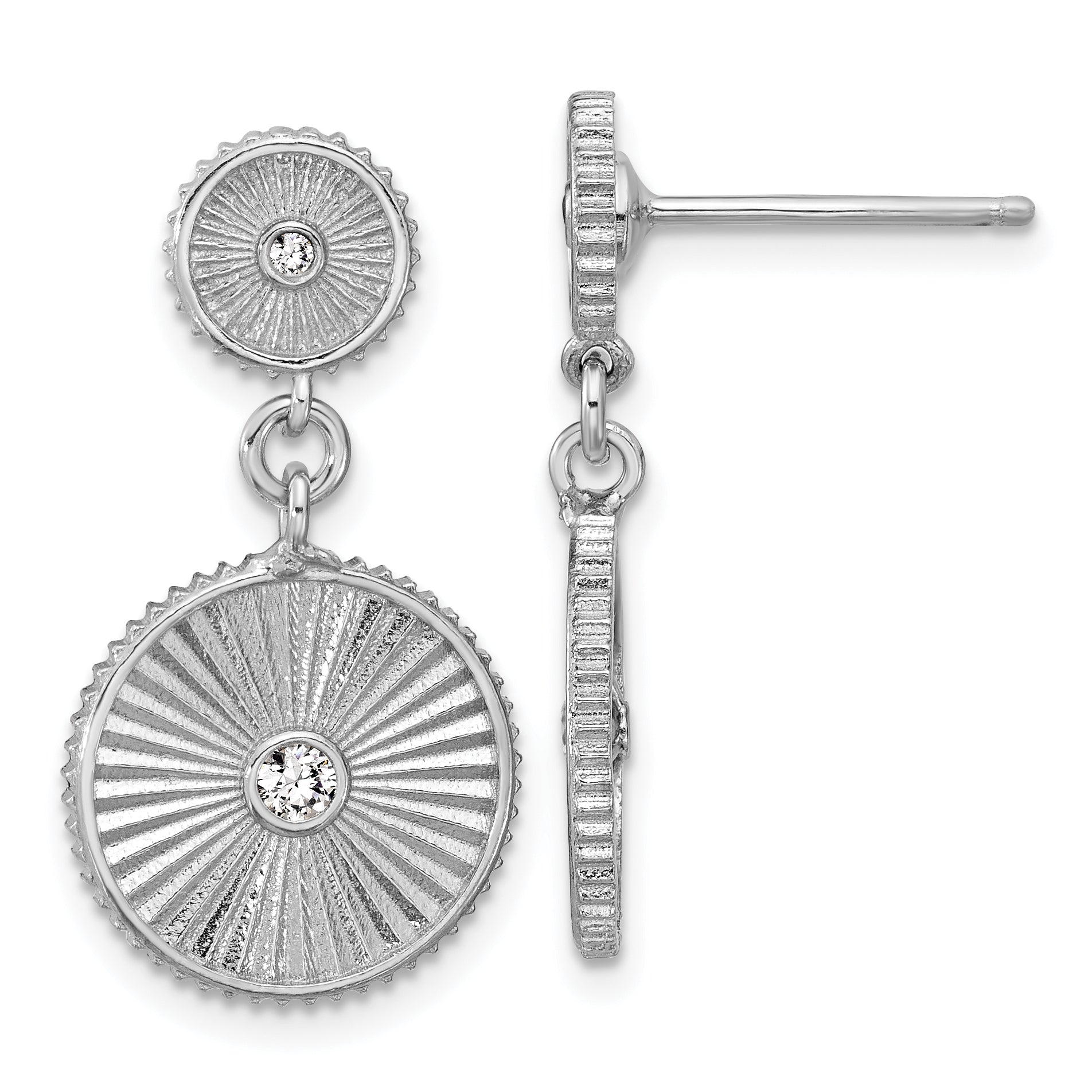 SS RH-plat CZ Polished/Grooved Circle Dangle Post Earrings Main image