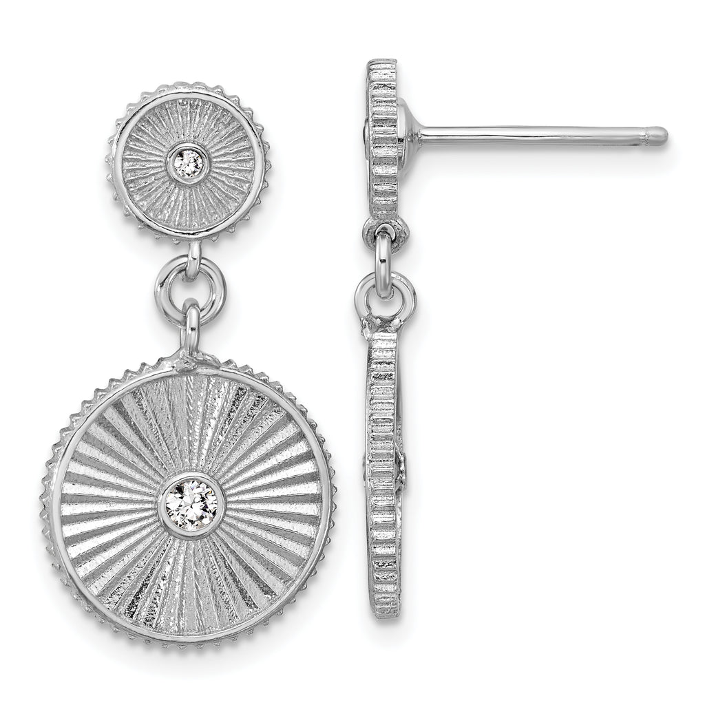 SS RH-plat CZ Polished/Grooved Circle Dangle Post Earrings
