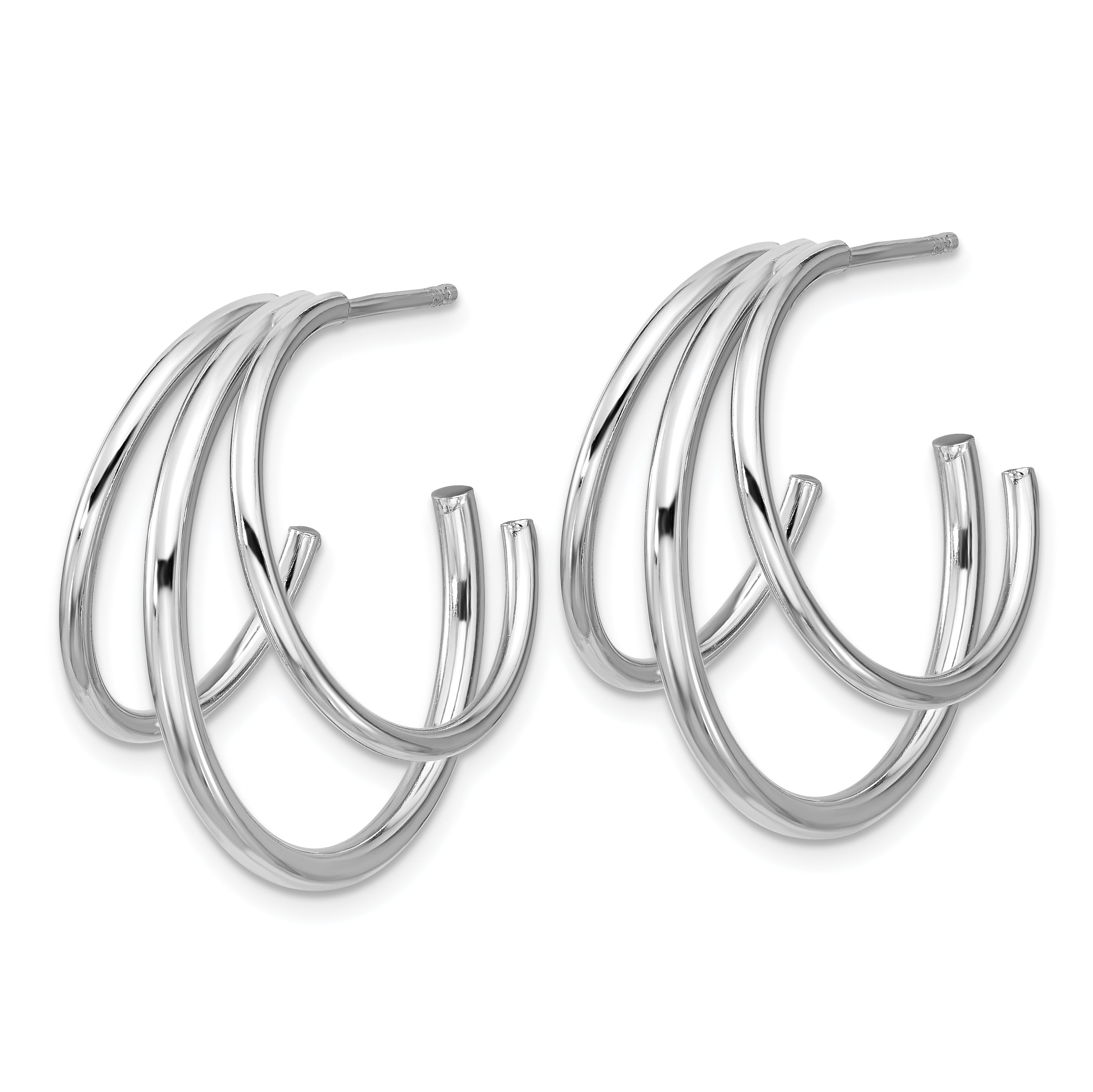 Sterling Silver RH-plated Polished 3-row J-hoop Post Earrings Secondary image