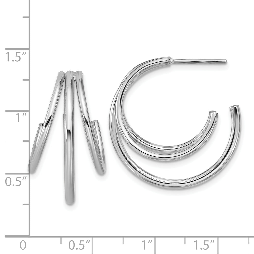 Sterling Silver RH-plated Polished 3-row J-hoop Post Earrings
