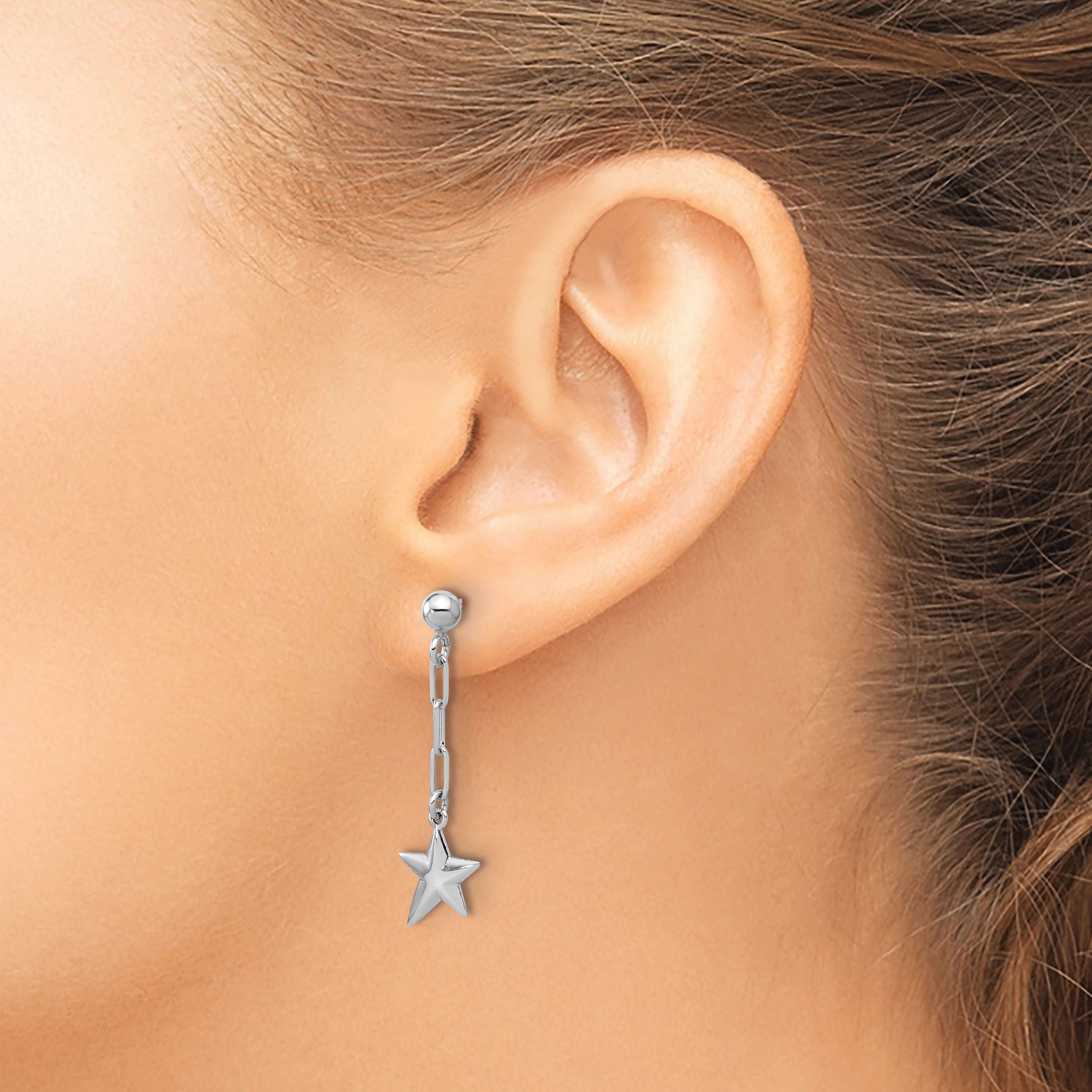 SS RH-plated Polished Star Link Dangle Post Earrings