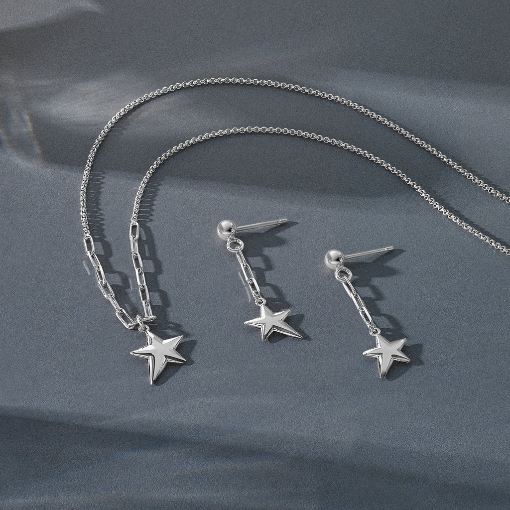 SS RH-plated Polished Star Link Dangle Post Earrings