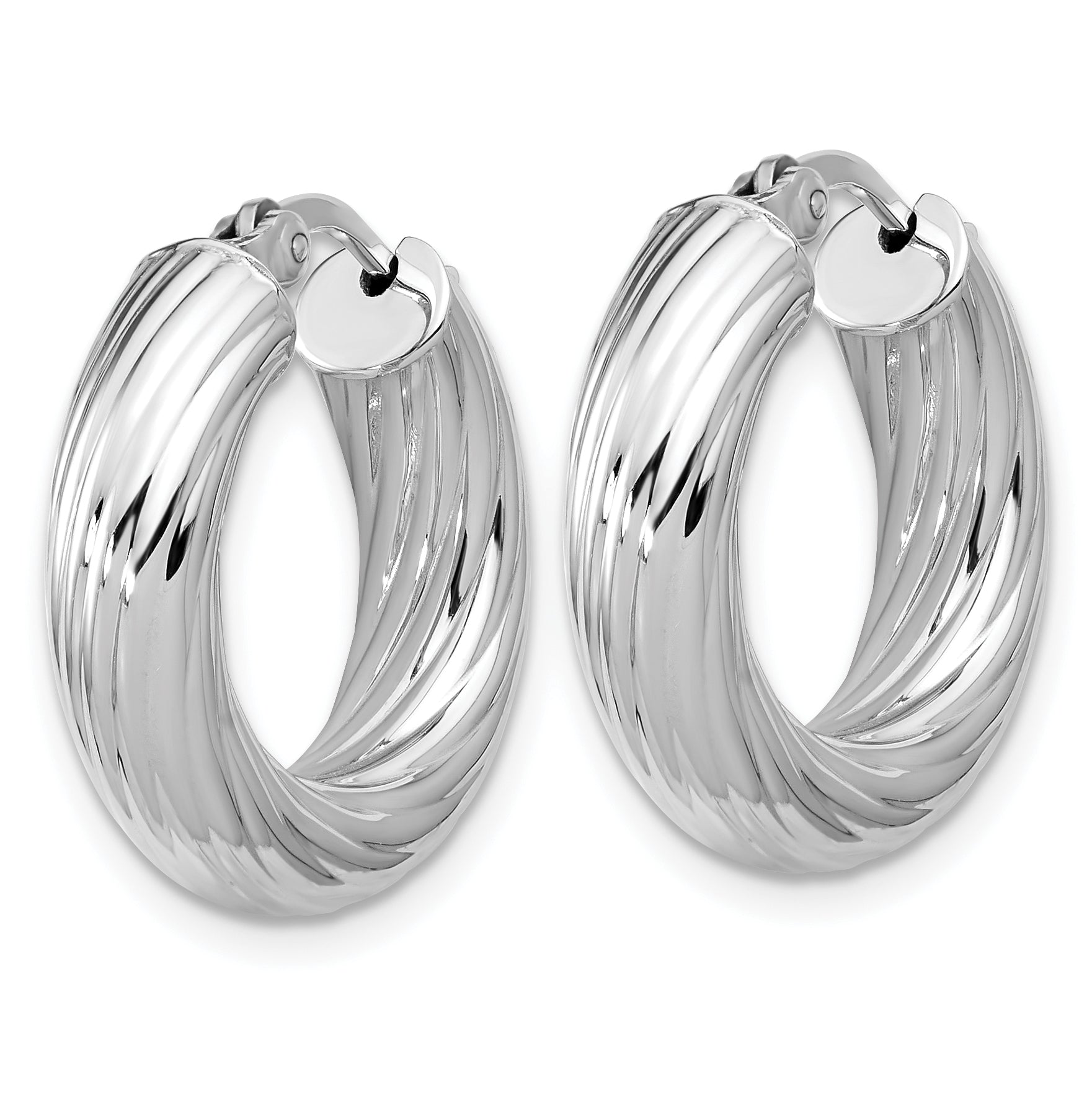 Sterling Silver RH-plat Polish/Grooved Round Hoop Earrings Secondary image