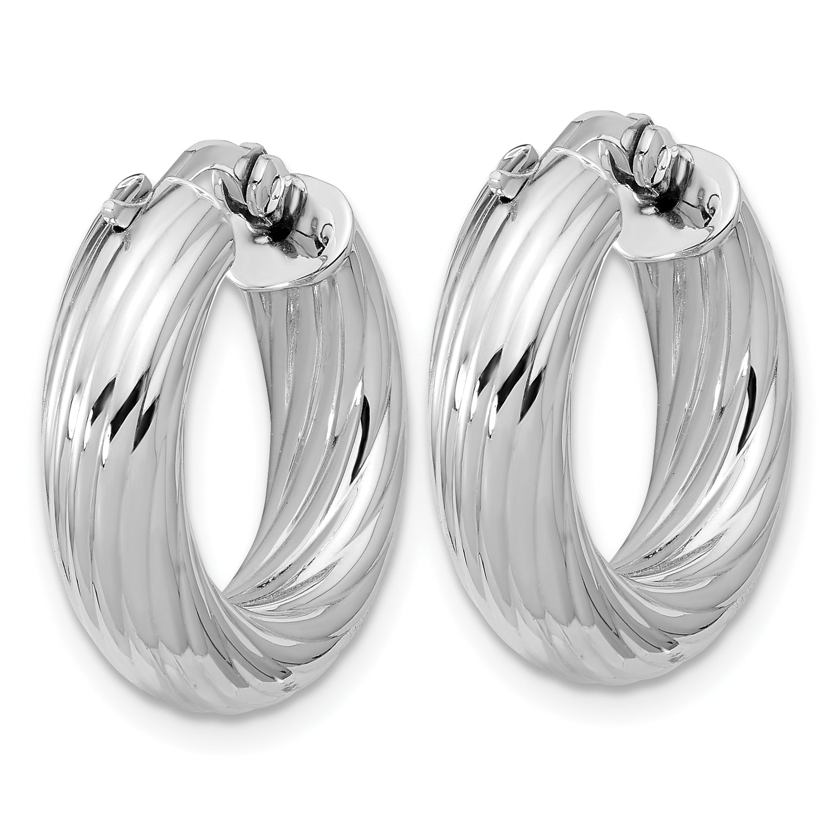 Sterling Silver RH-plat Polish/Grooved Round Hoop Earrings