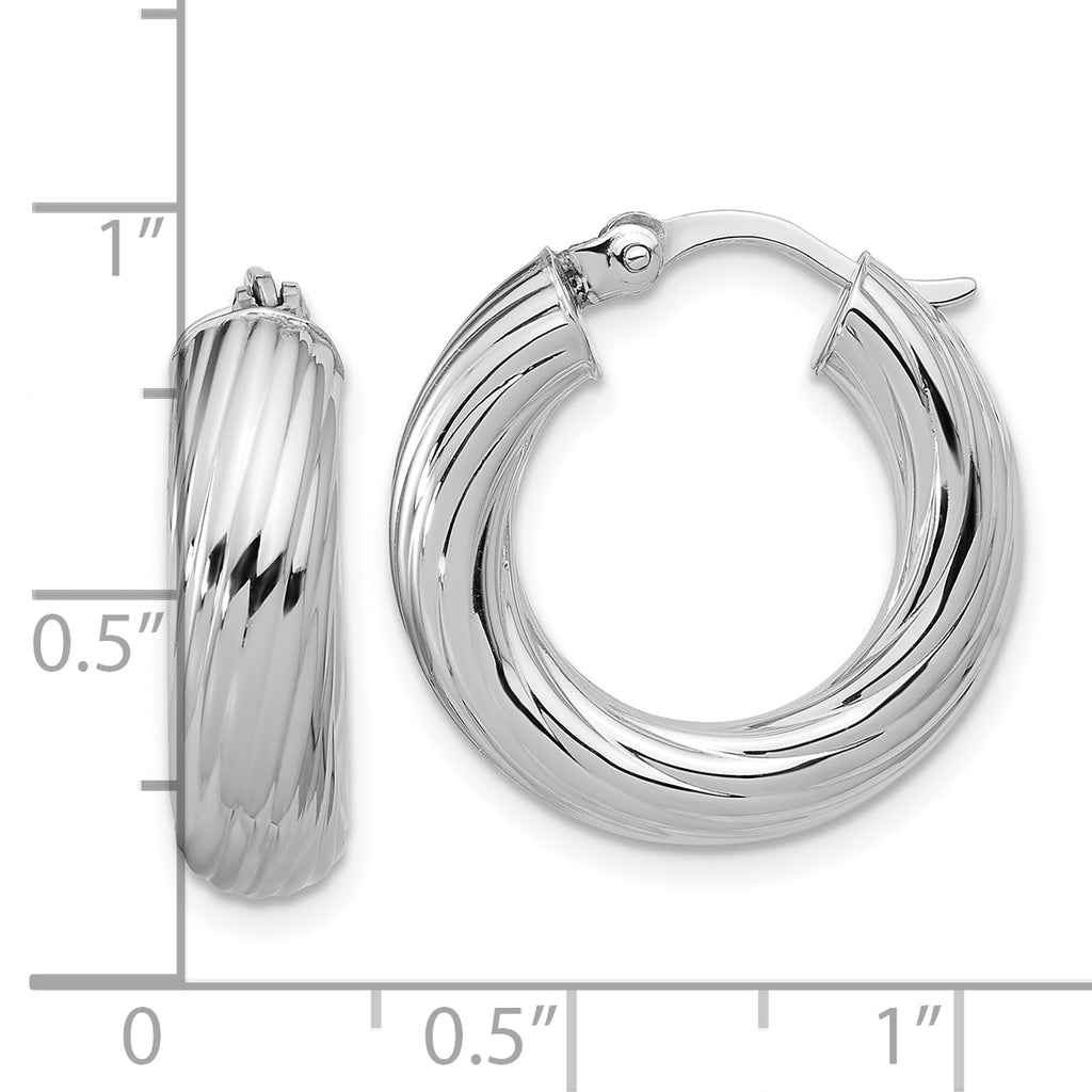 Sterling Silver RH-plat Polish/Grooved Round Hoop Earrings