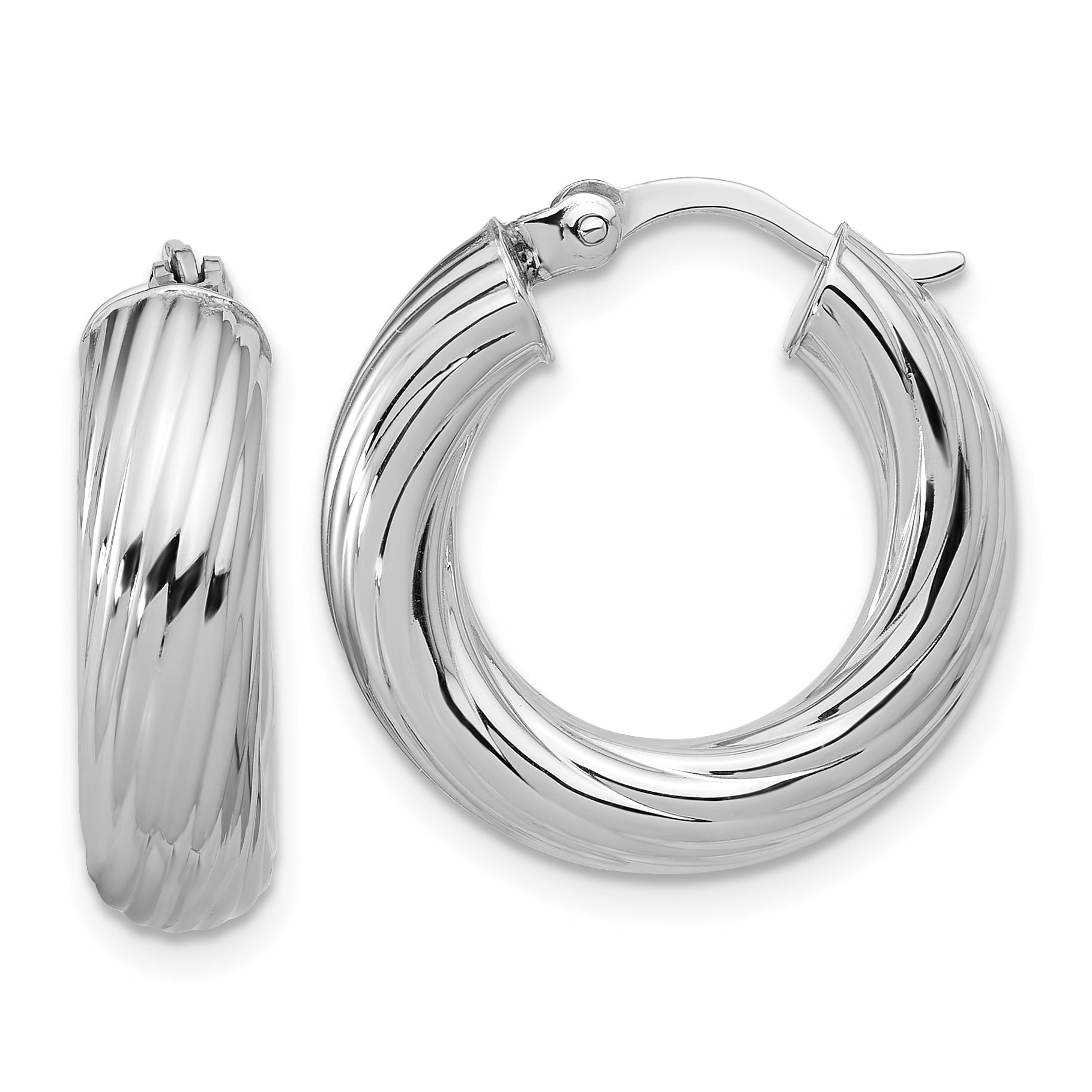 Sterling Silver RH-plat Polish/Grooved Round Hoop Earrings Main image