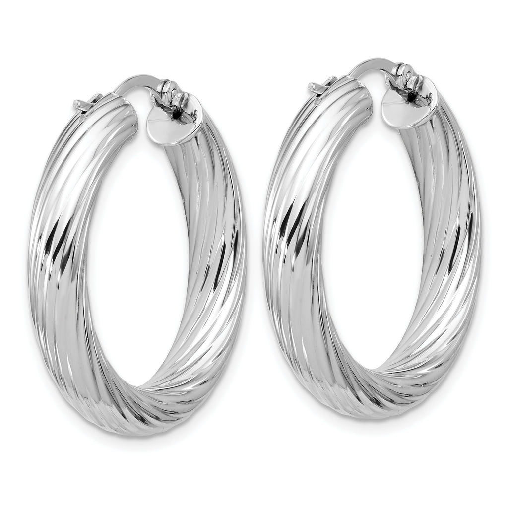 Sterling Silver RH-plat Polish/Grooved Round Hoop Earrings