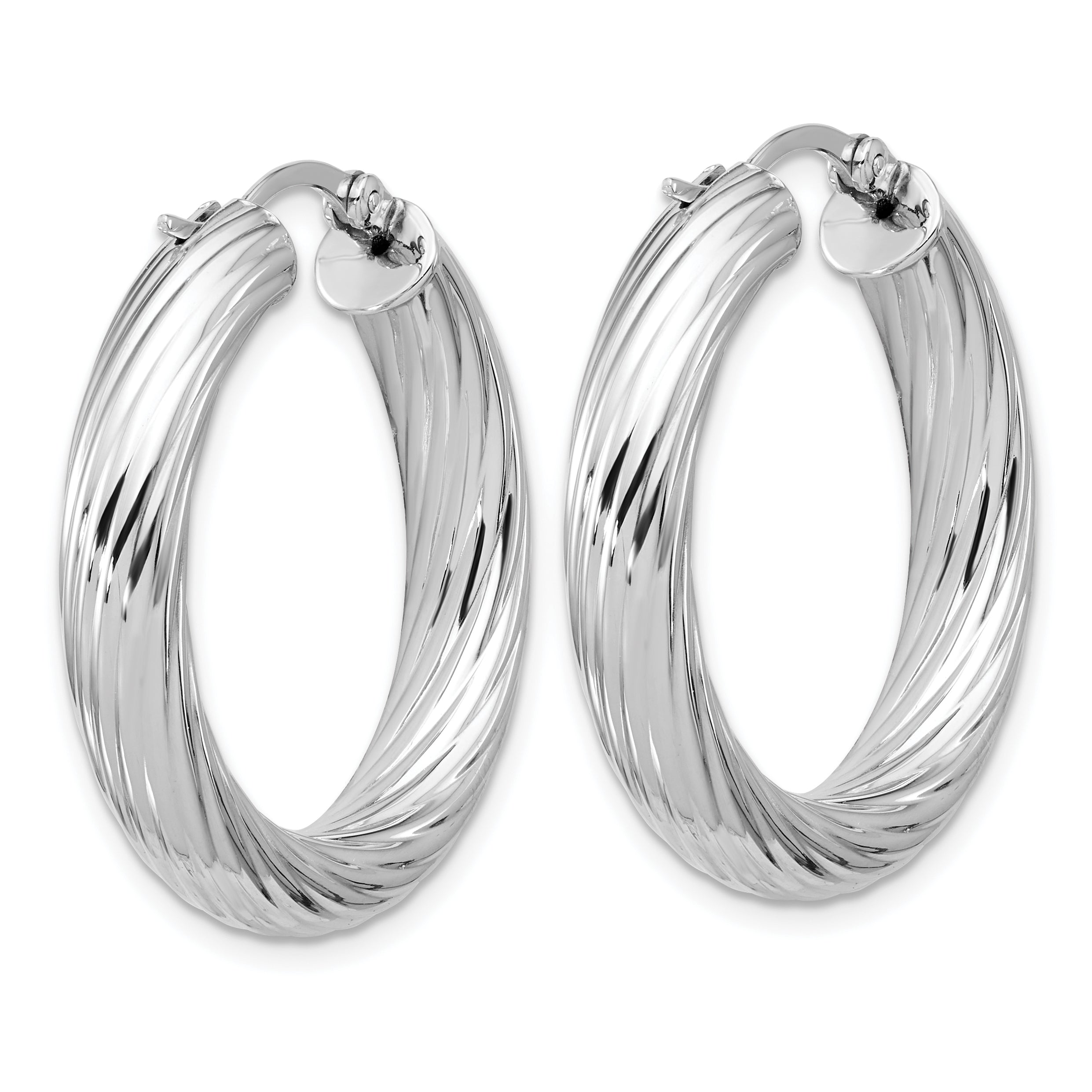 Sterling Silver RH-plat Polish/Grooved Round Hoop Earrings