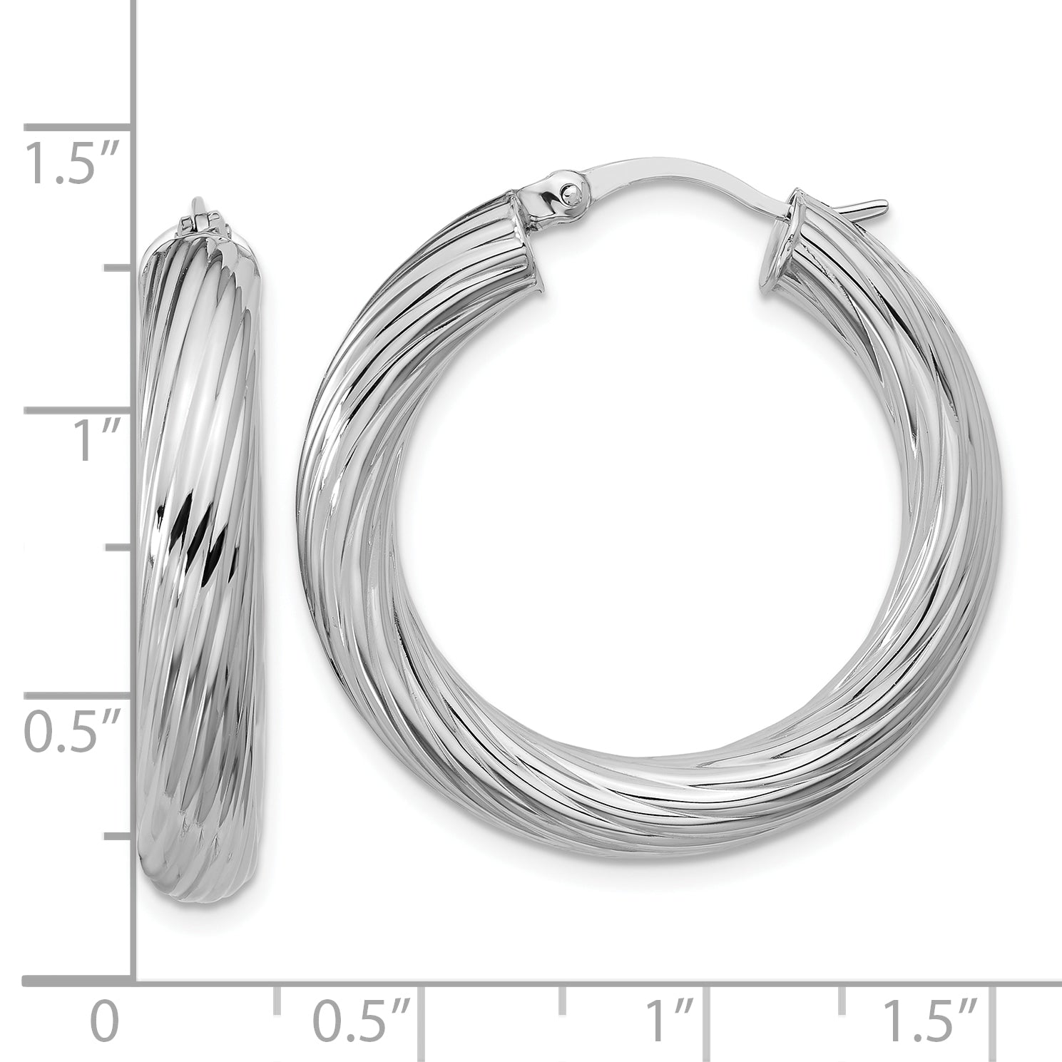 Sterling Silver RH-plat Polish/Grooved Round Hoop Earrings