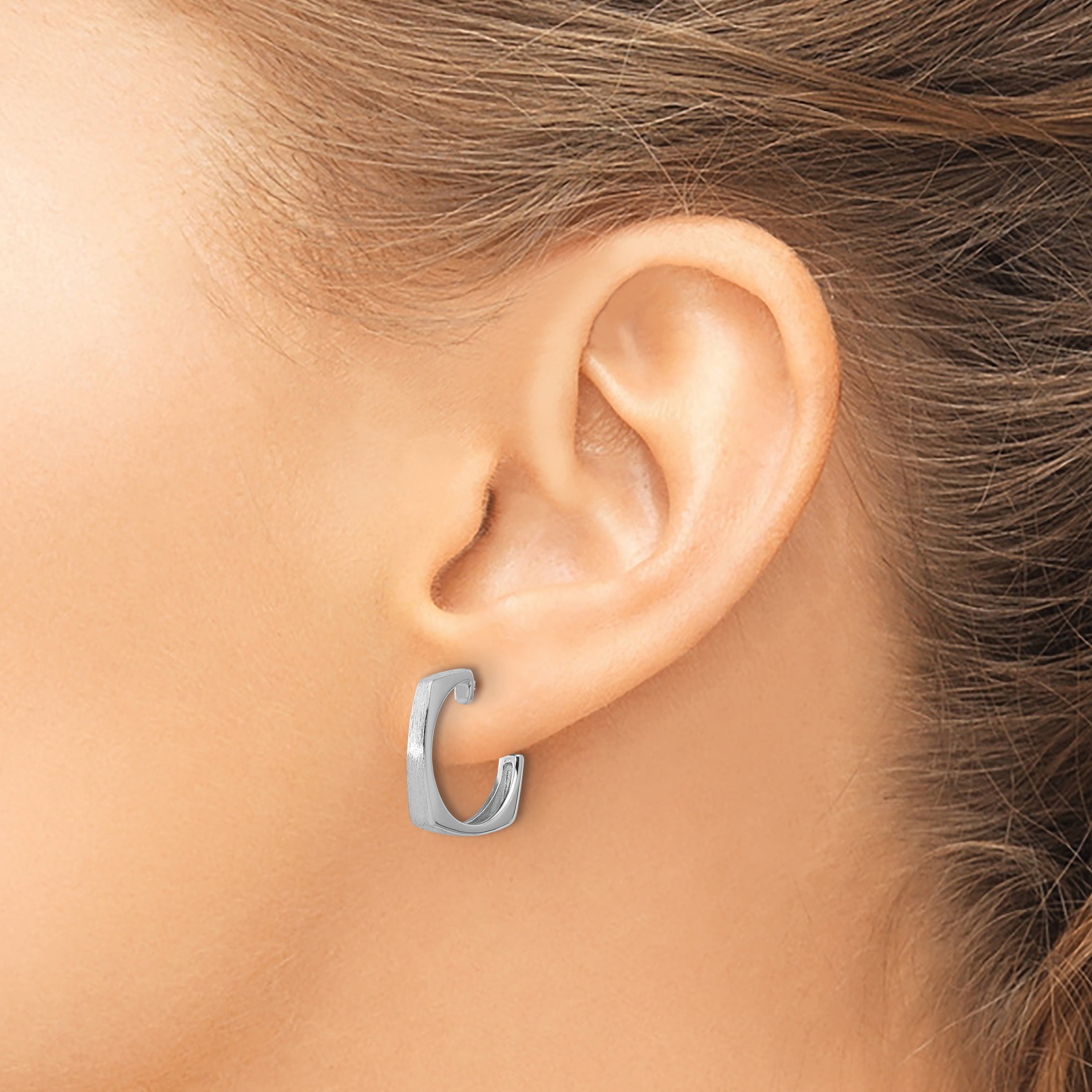 SS RH-plated Polished/Brushed Square J-Hoop Post Earrings