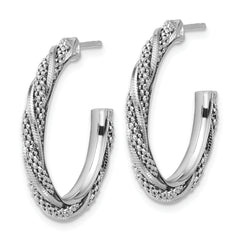 SS RH-plated Polish/Textured Twisted J-Hoop Post Earrings