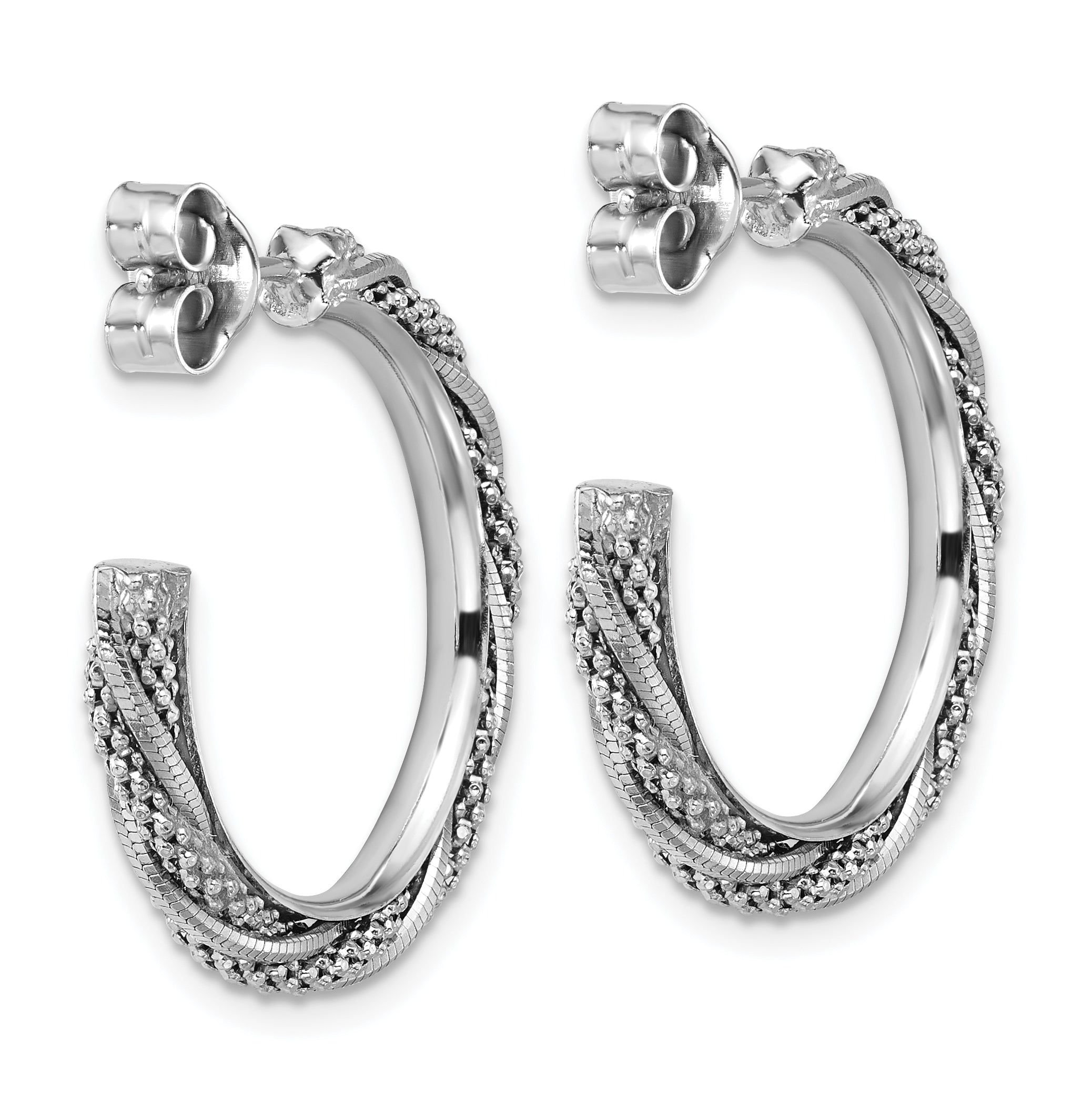 SS RH-plated Polish/Textured Twisted J-Hoop Post Earrings