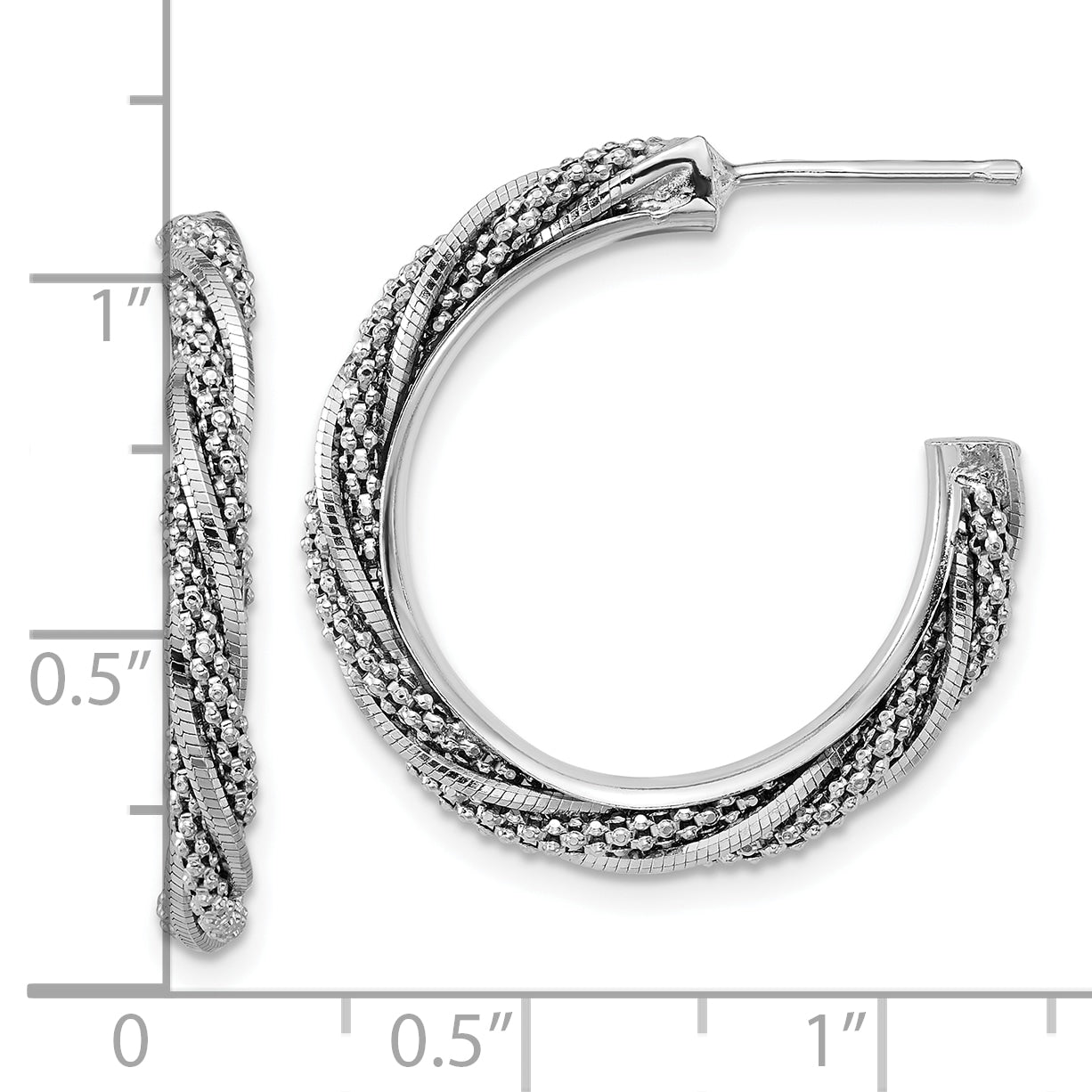 SS RH-plated Polish/Textured Twisted J-Hoop Post Earrings