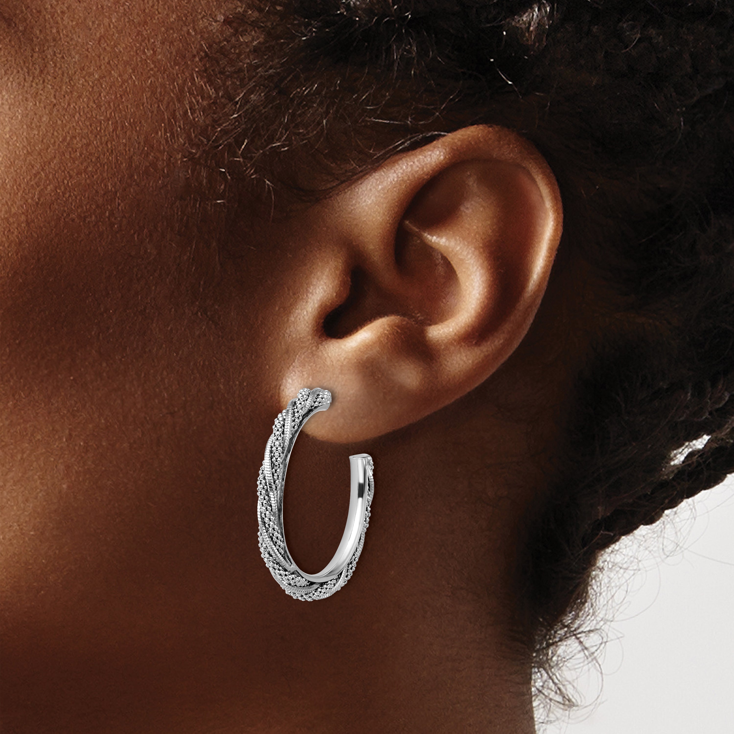 SS RH-plated Polish/Textured Twisted J-Hoop Post Earrings